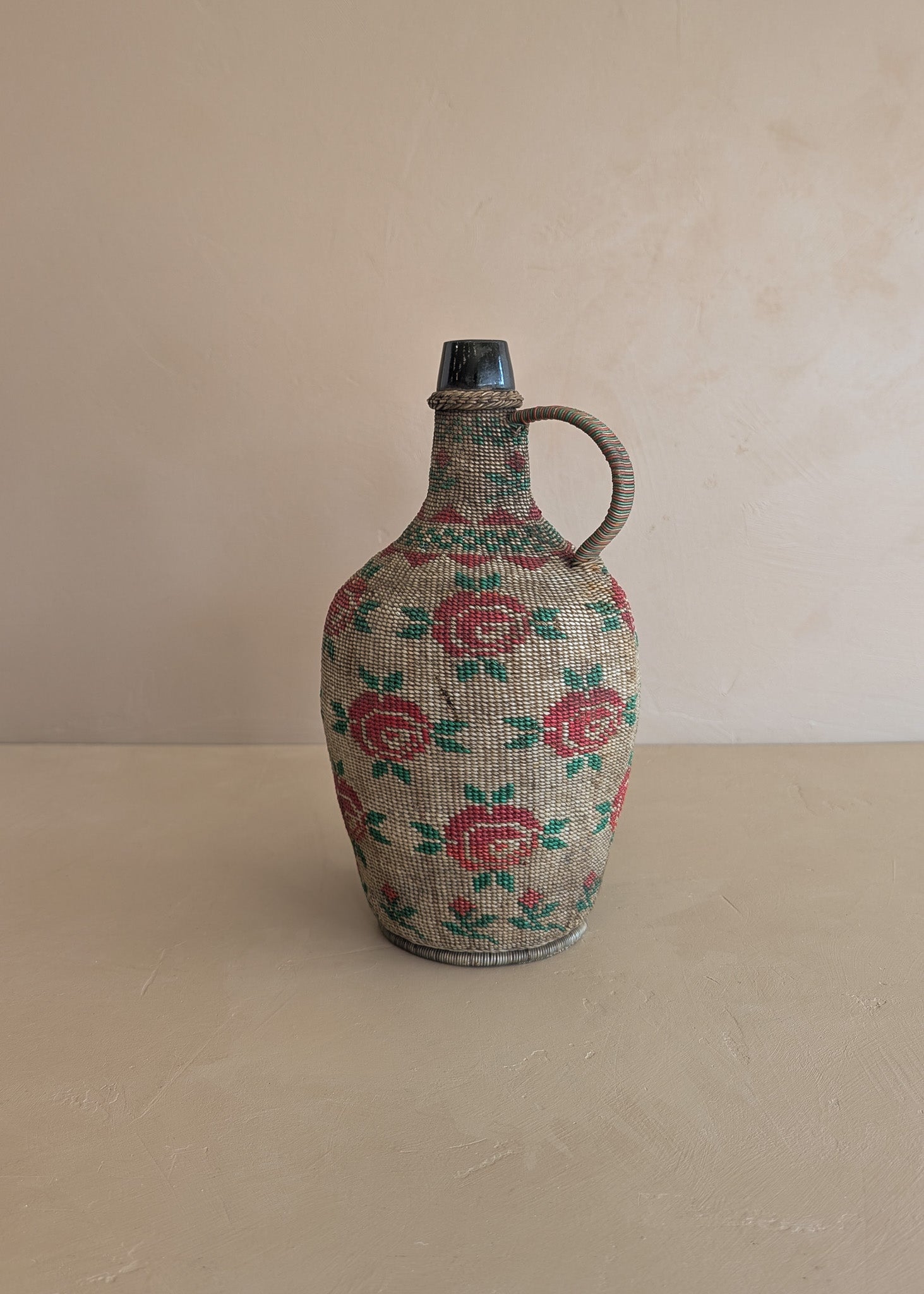 Vintage 1950s-1960s Hungarian Folk Art Woven Wire Scoubidou "Defiance" Bottle with Rose Motif