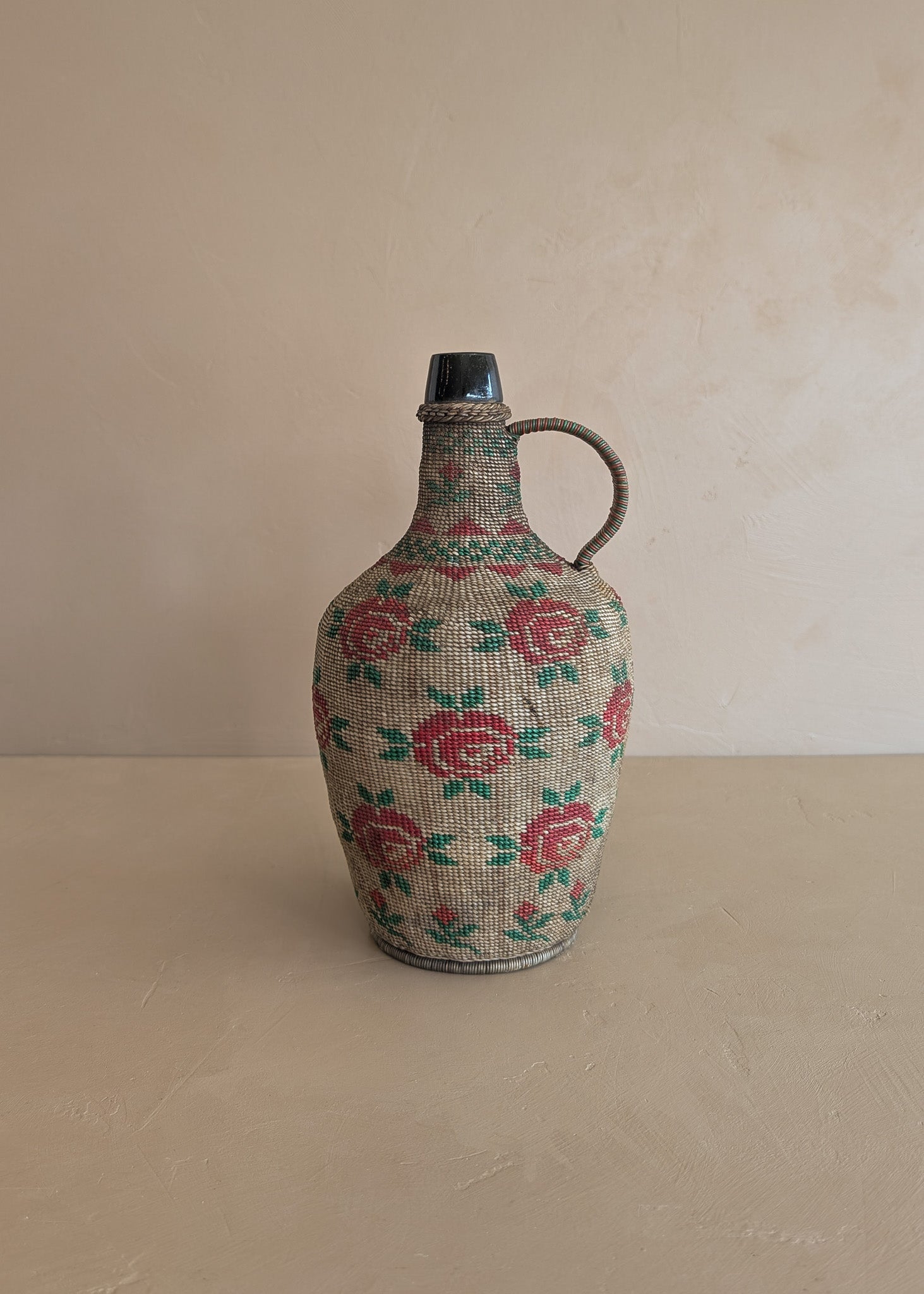Vintage 1950s-1960s Hungarian Folk Art Woven Wire Scoubidou "Defiance" Bottle with Rose Motif