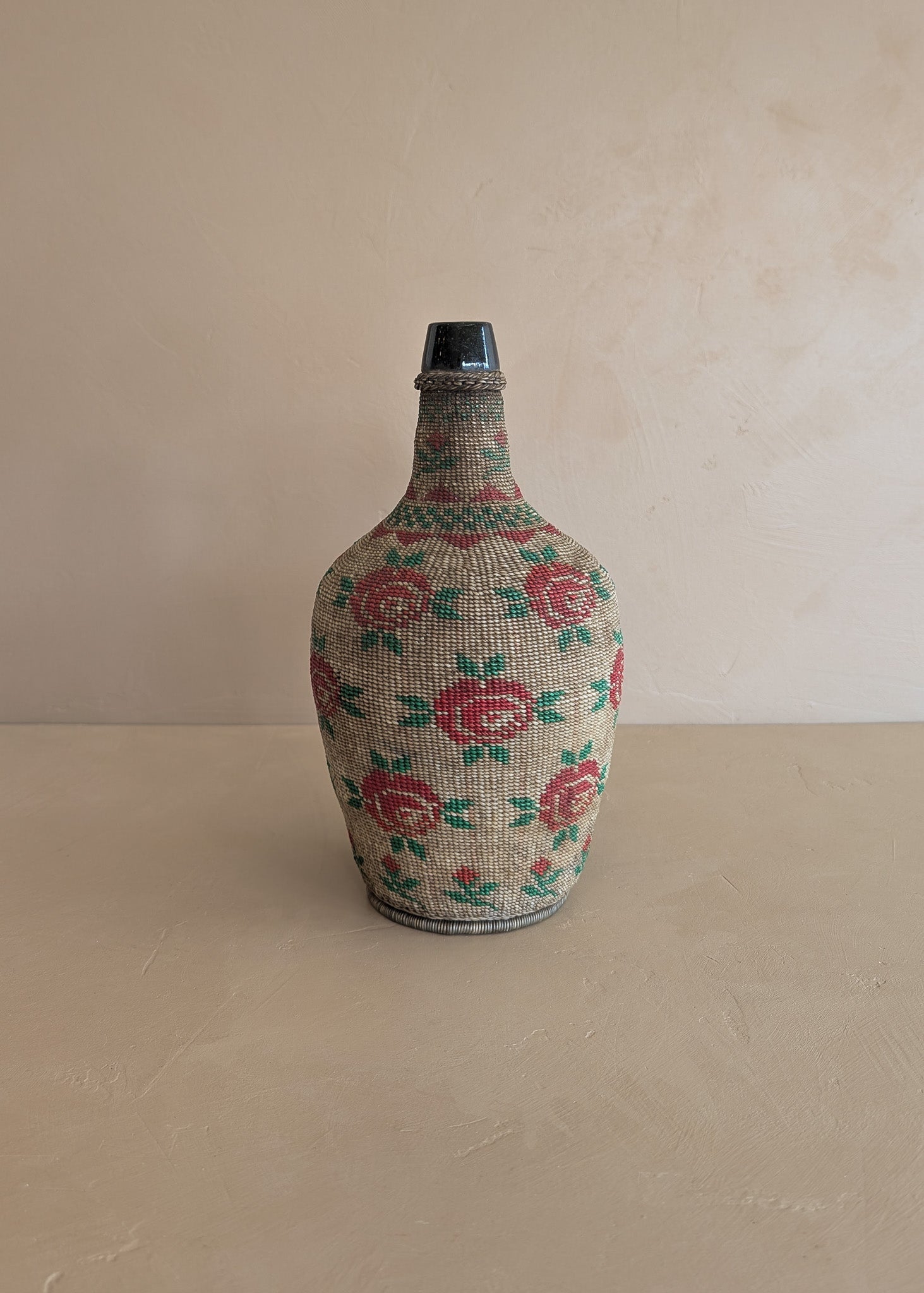 Vintage 1950s-1960s Hungarian Folk Art Woven Wire Scoubidou "Defiance" Bottle with Rose Motif