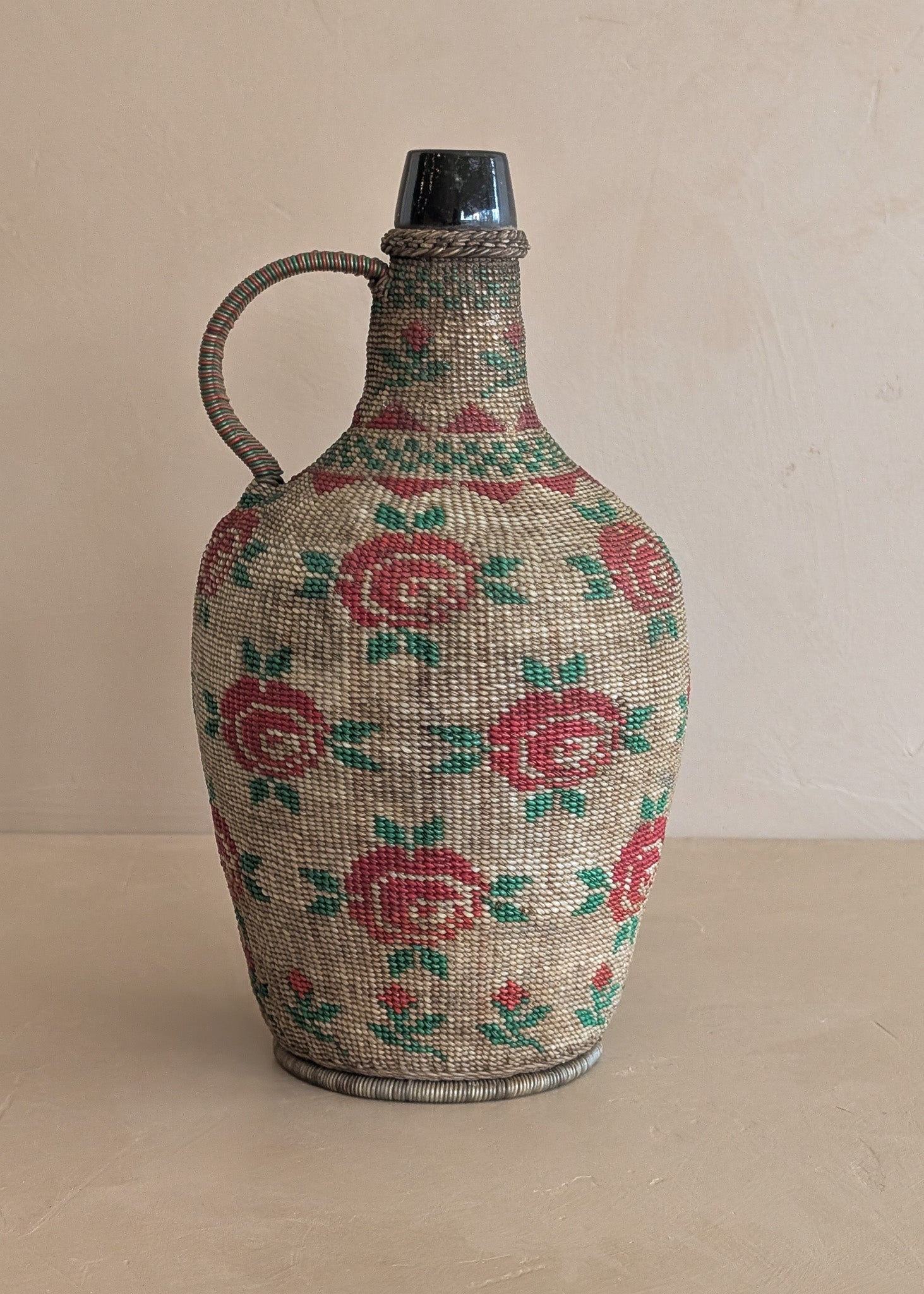 Vintage 1950s-1960s Hungarian Folk Art Woven Wire Scoubidou "Defiance" Bottle with Rose Motif