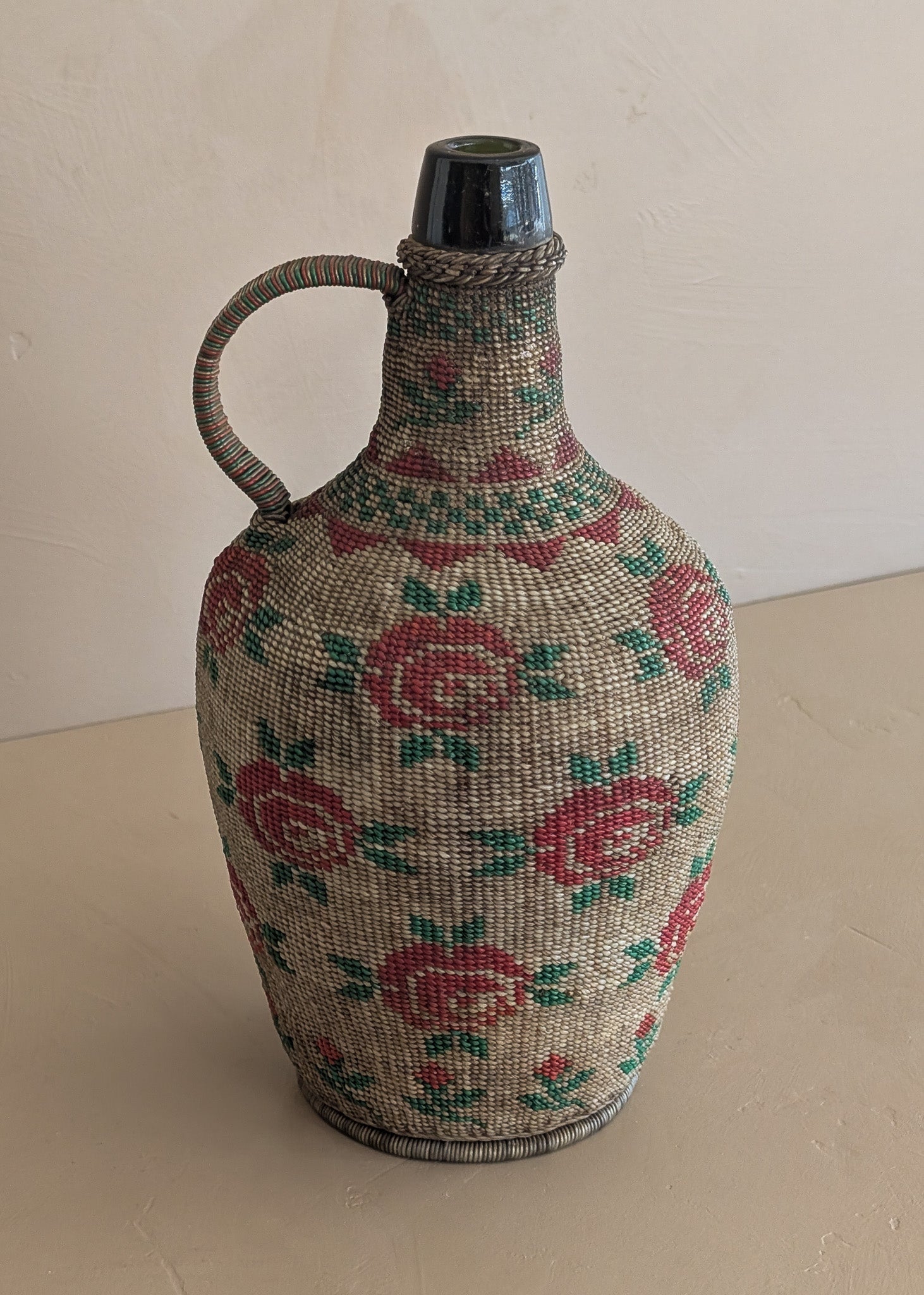Vintage 1950s-1960s Hungarian Folk Art Woven Wire Scoubidou "Defiance" Bottle with Rose Motif