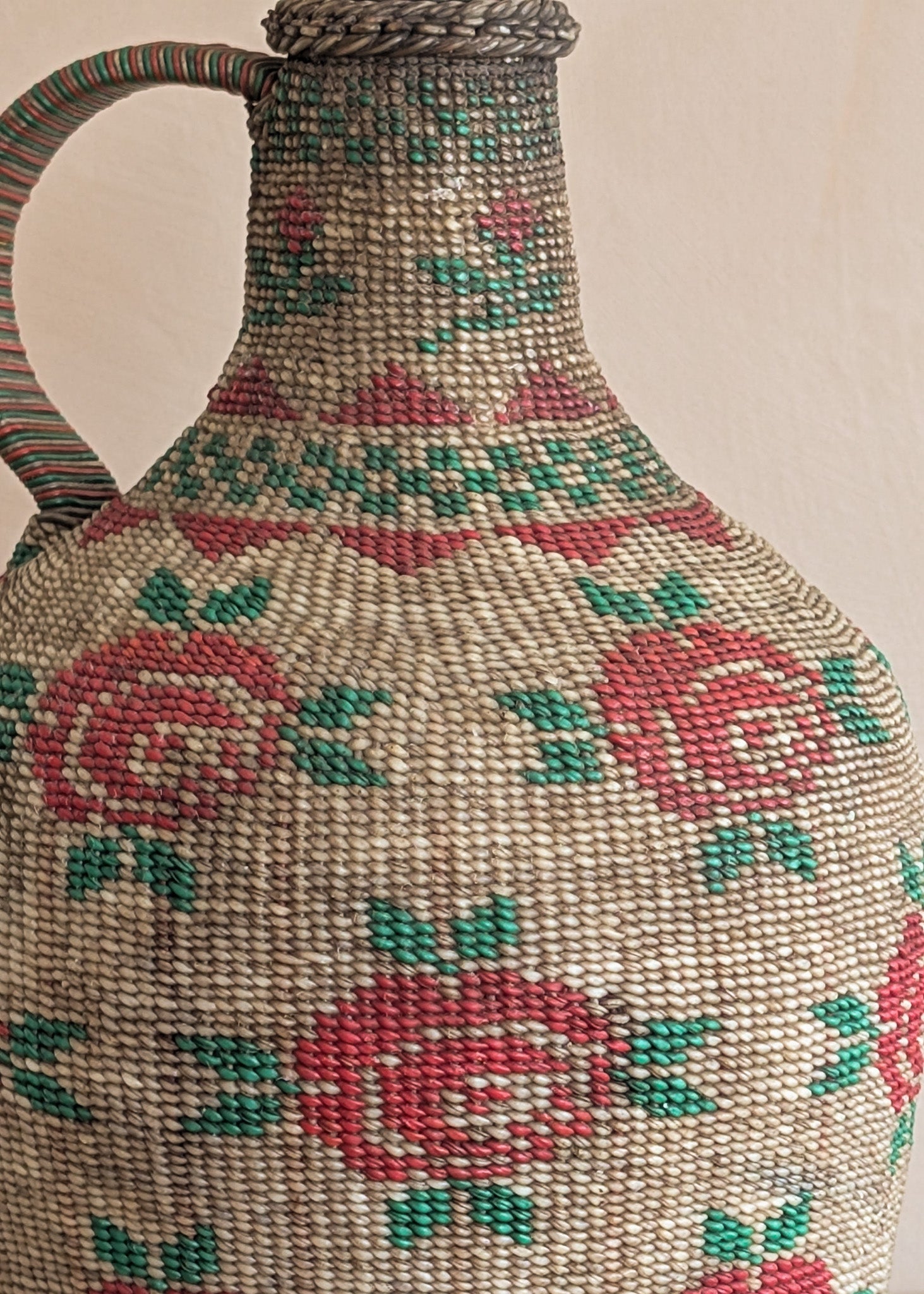 Vintage 1950s-1960s Hungarian Folk Art Woven Wire Scoubidou "Defiance" Bottle with Rose Motif