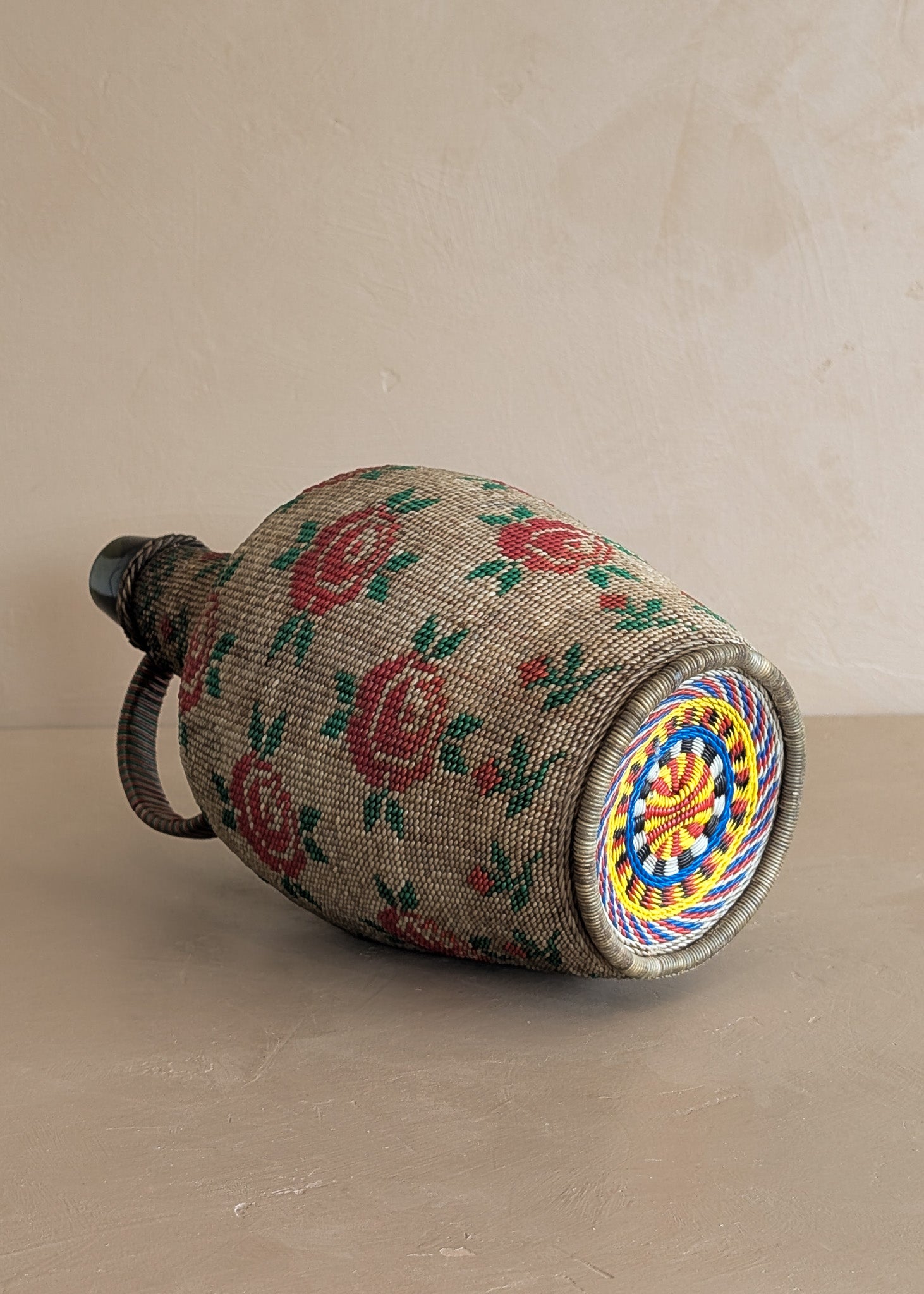 Vintage 1950s-1960s Hungarian Folk Art Woven Wire Scoubidou "Defiance" Bottle with Rose Motif
