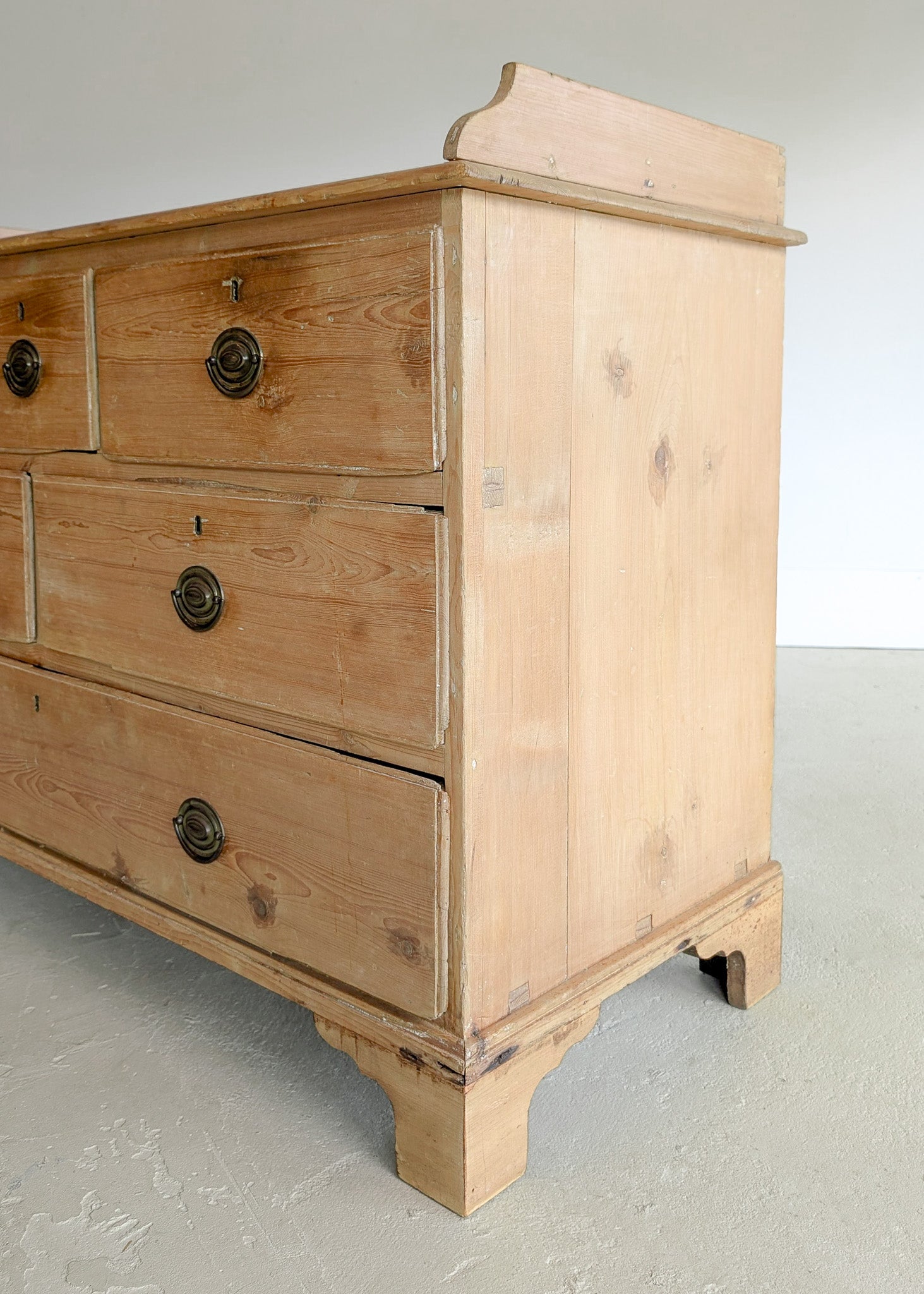 Wide Antique English Pine Chest of Drawers with Trim Top