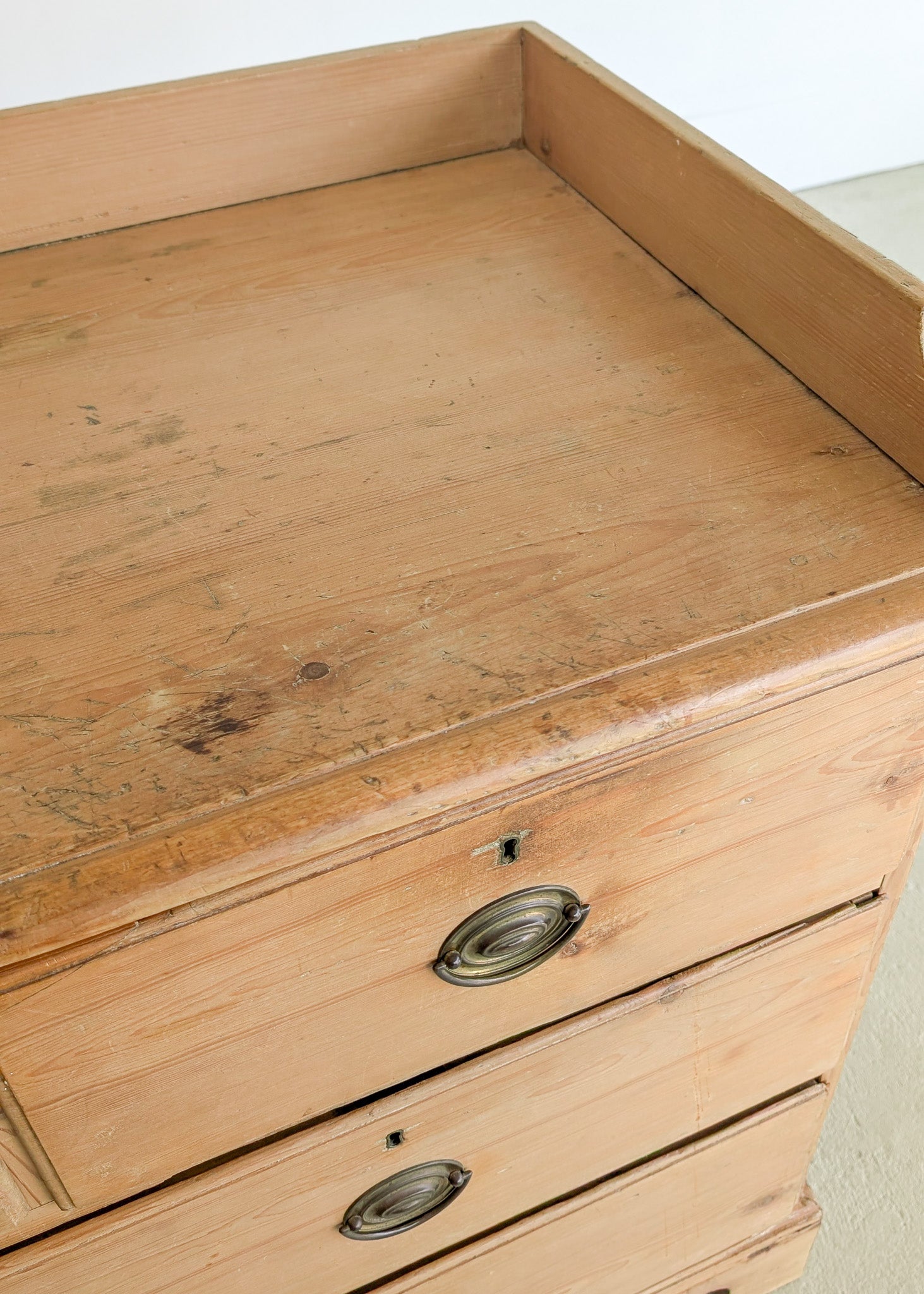 Wide Antique English Pine Chest of Drawers with Trim Top