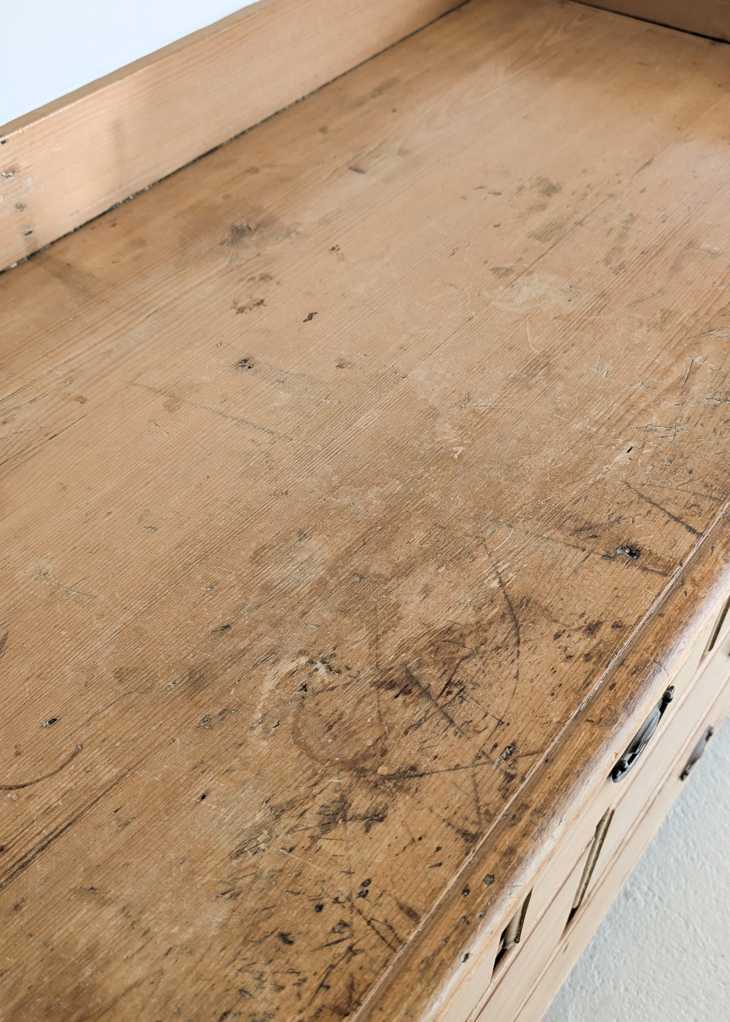 Wide Antique English Pine Chest of Drawers with Trim Top
