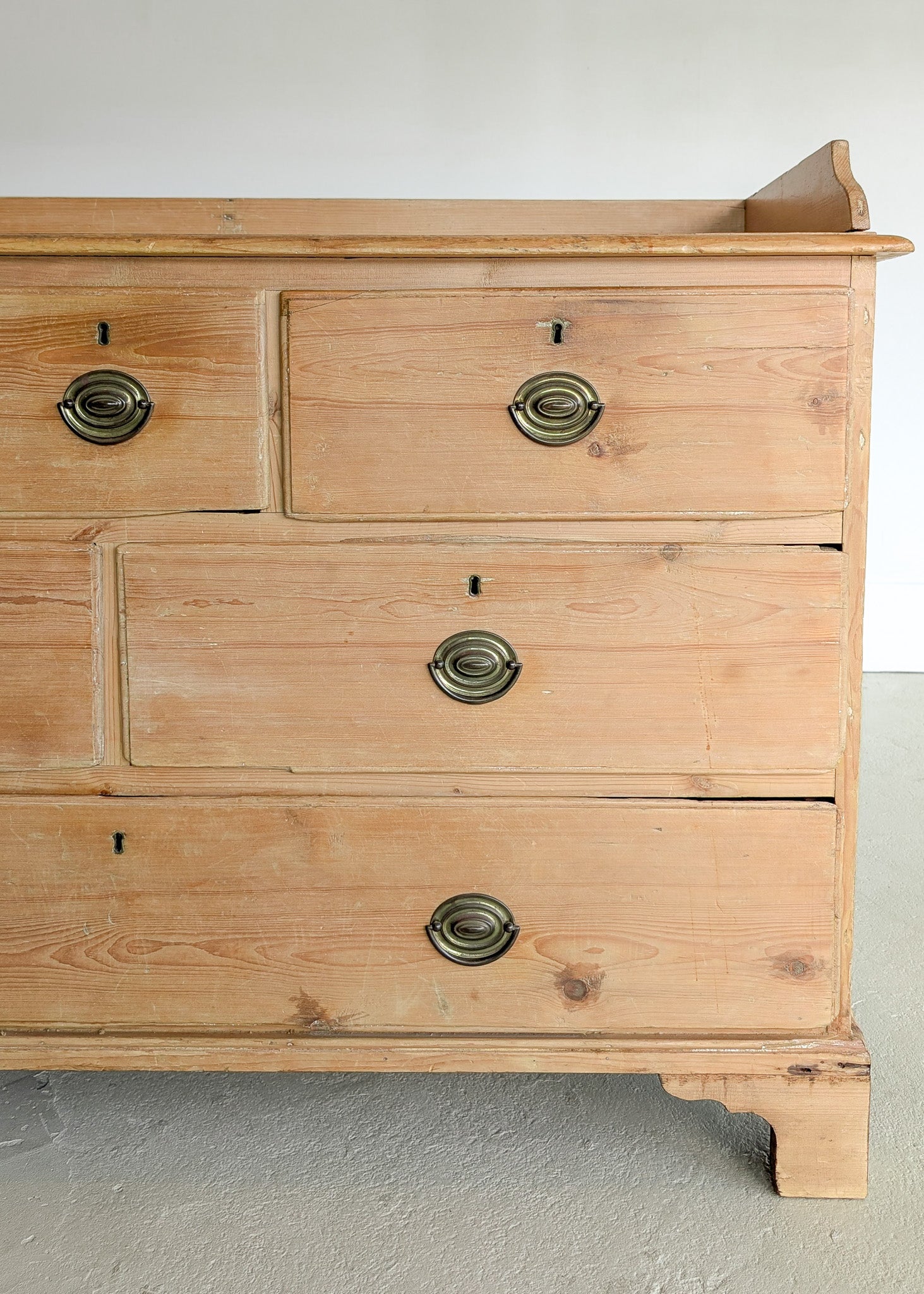 Wide Antique English Pine Chest of Drawers with Trim Top