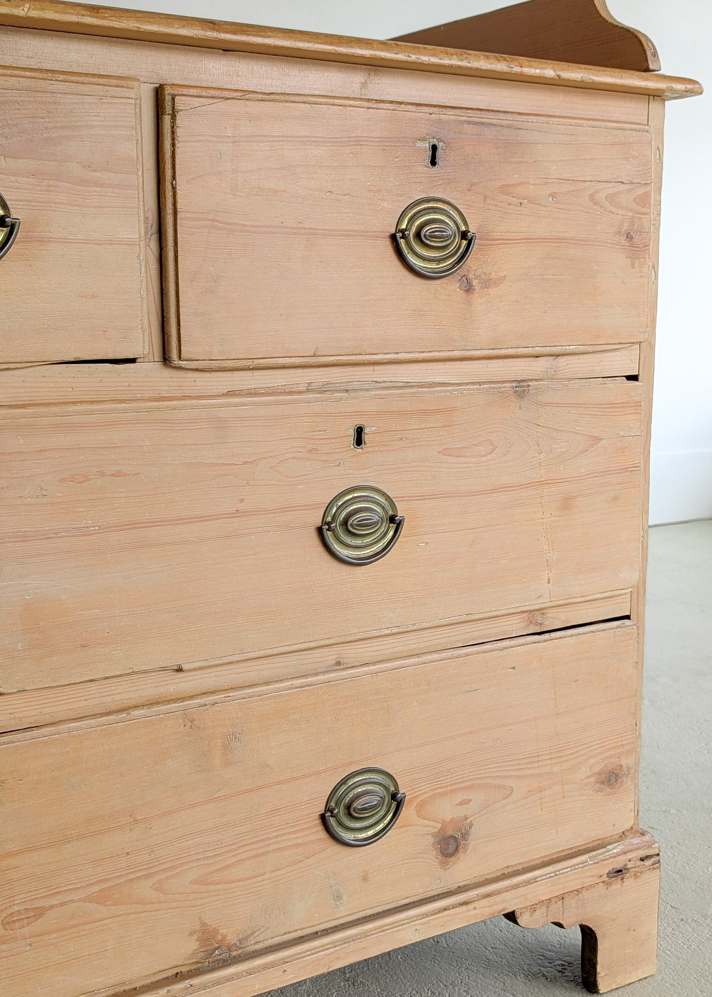 Wide Antique English Pine Chest of Drawers with Trim Top