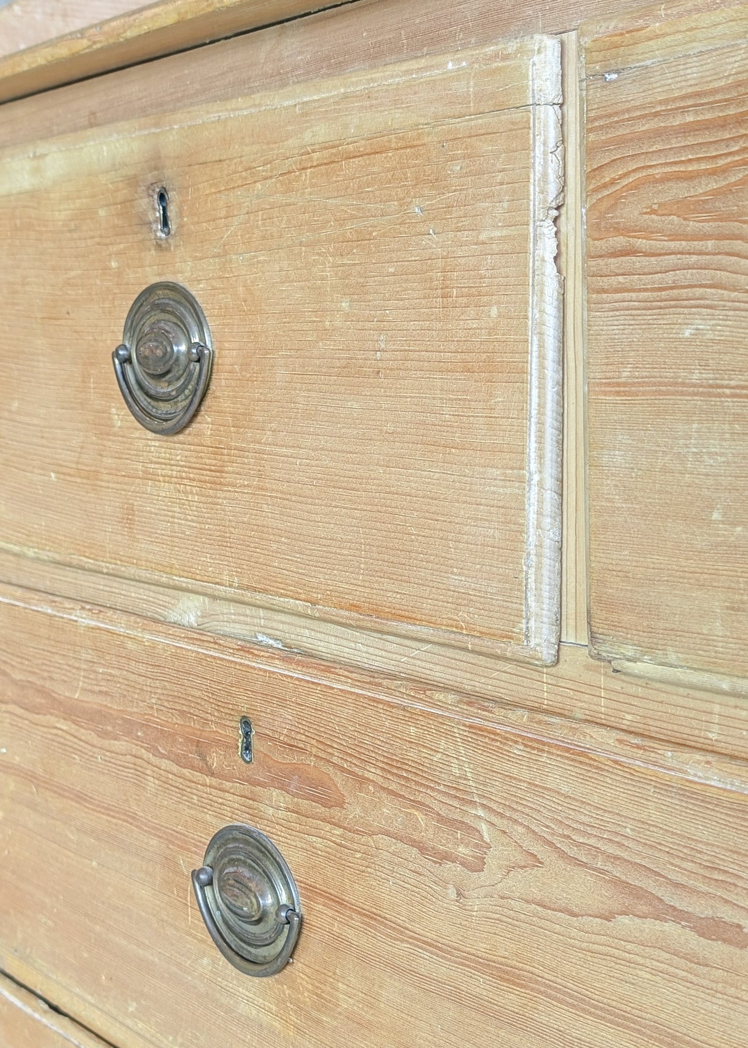 Wide Antique English Pine Chest of Drawers with Trim Top