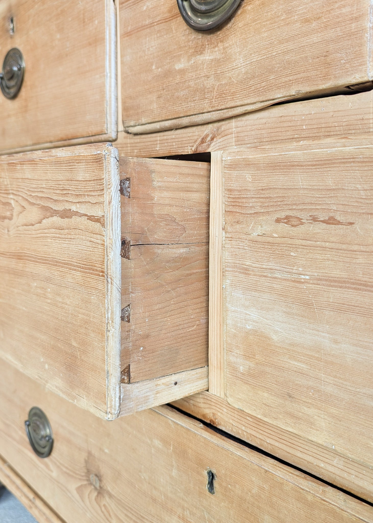 Wide Antique English Pine Chest of Drawers with Trim Top