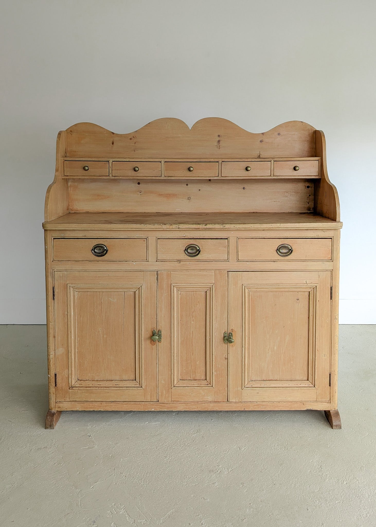 Antique English Pine Scalloped Step Back Buffet with Brass Hardware