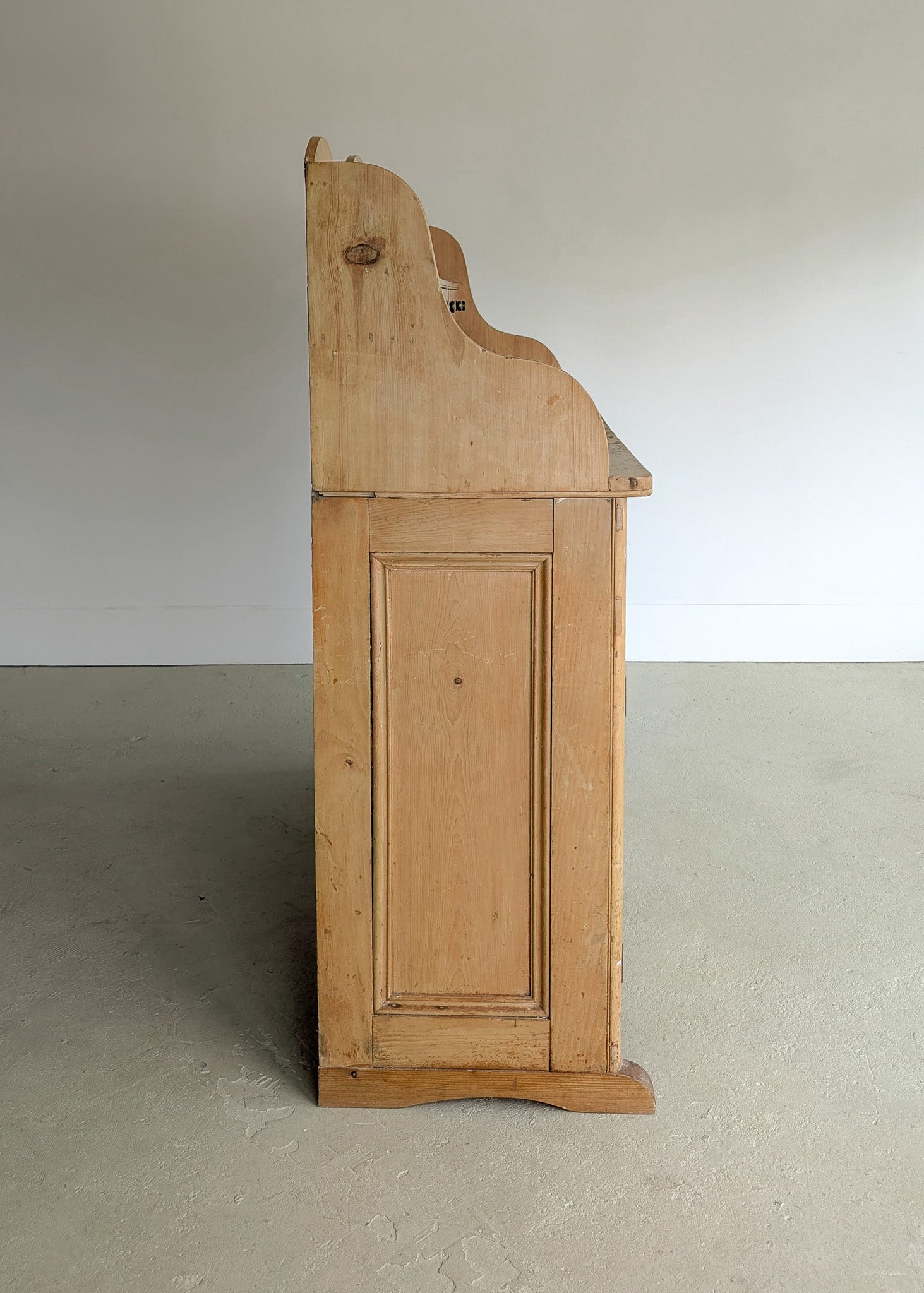 Antique English Pine Scalloped Step Back Buffet with Brass Hardware