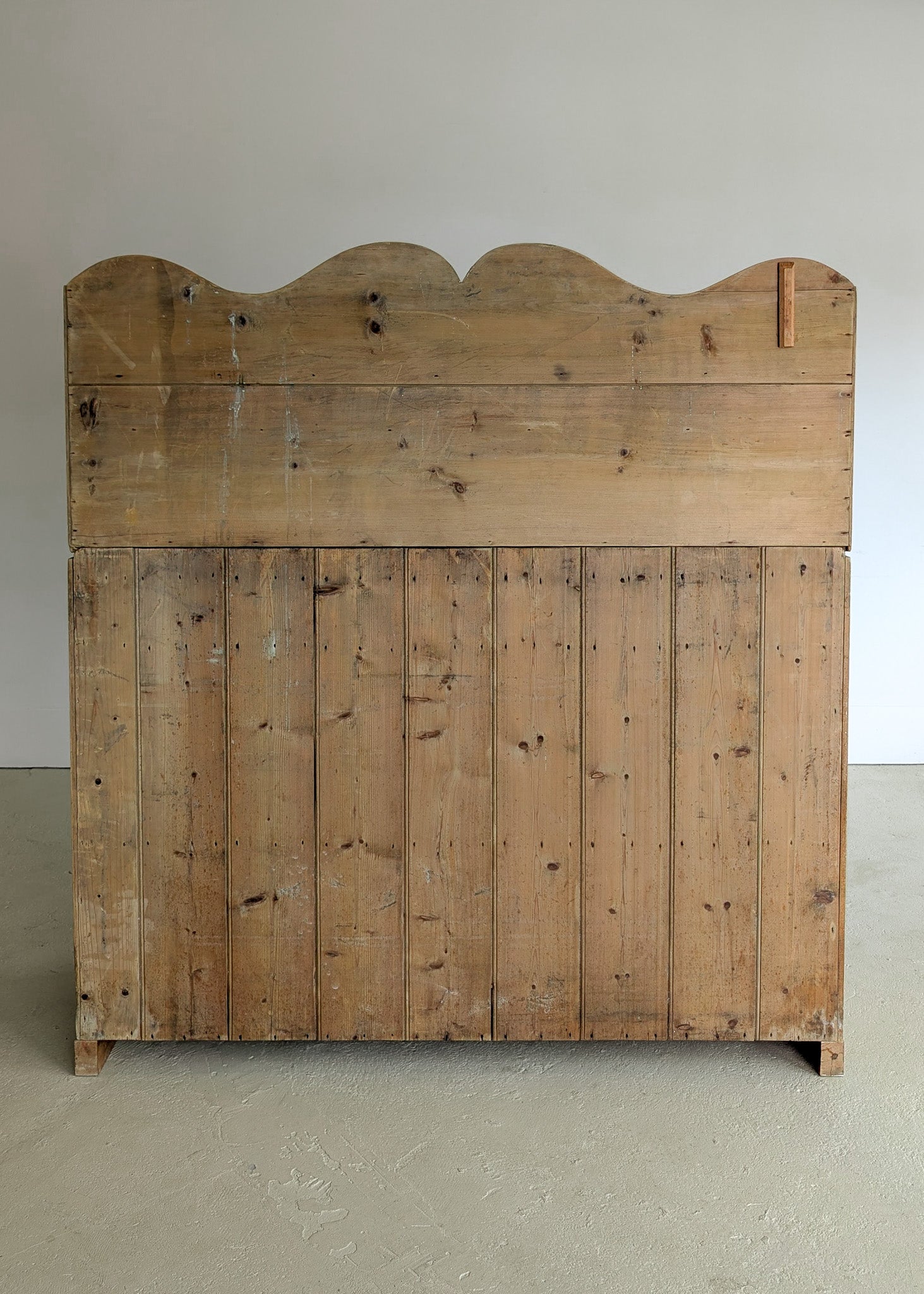 Antique English Pine Scalloped Step Back Buffet with Brass Hardware