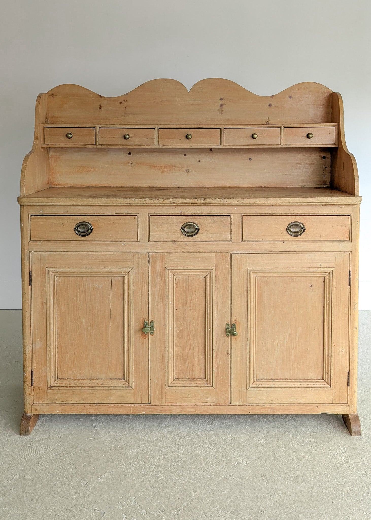 Antique English Pine Scalloped Step Back Buffet with Brass Hardware