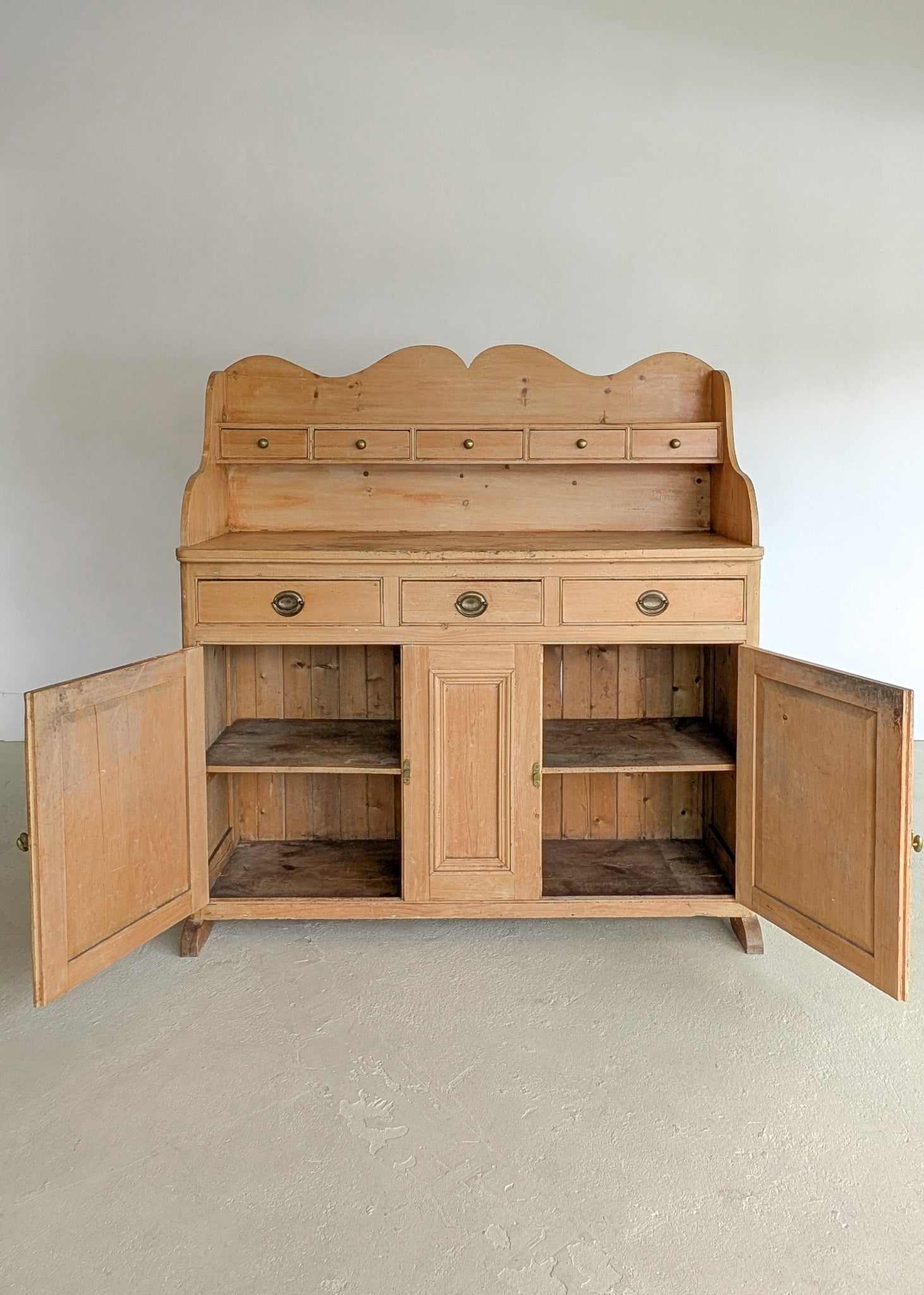Antique English Pine Scalloped Step Back Buffet with Brass Hardware