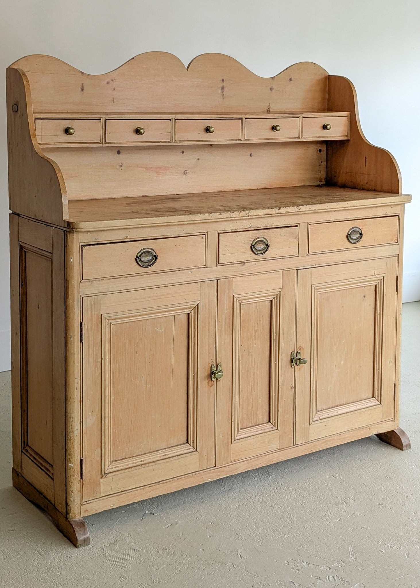 Antique English Pine Scalloped Step Back Buffet with Brass Hardware