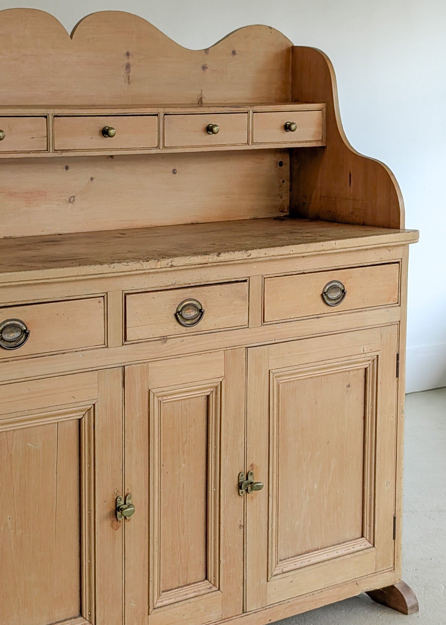 Antique English Pine Scalloped Step Back Buffet with Brass Hardware