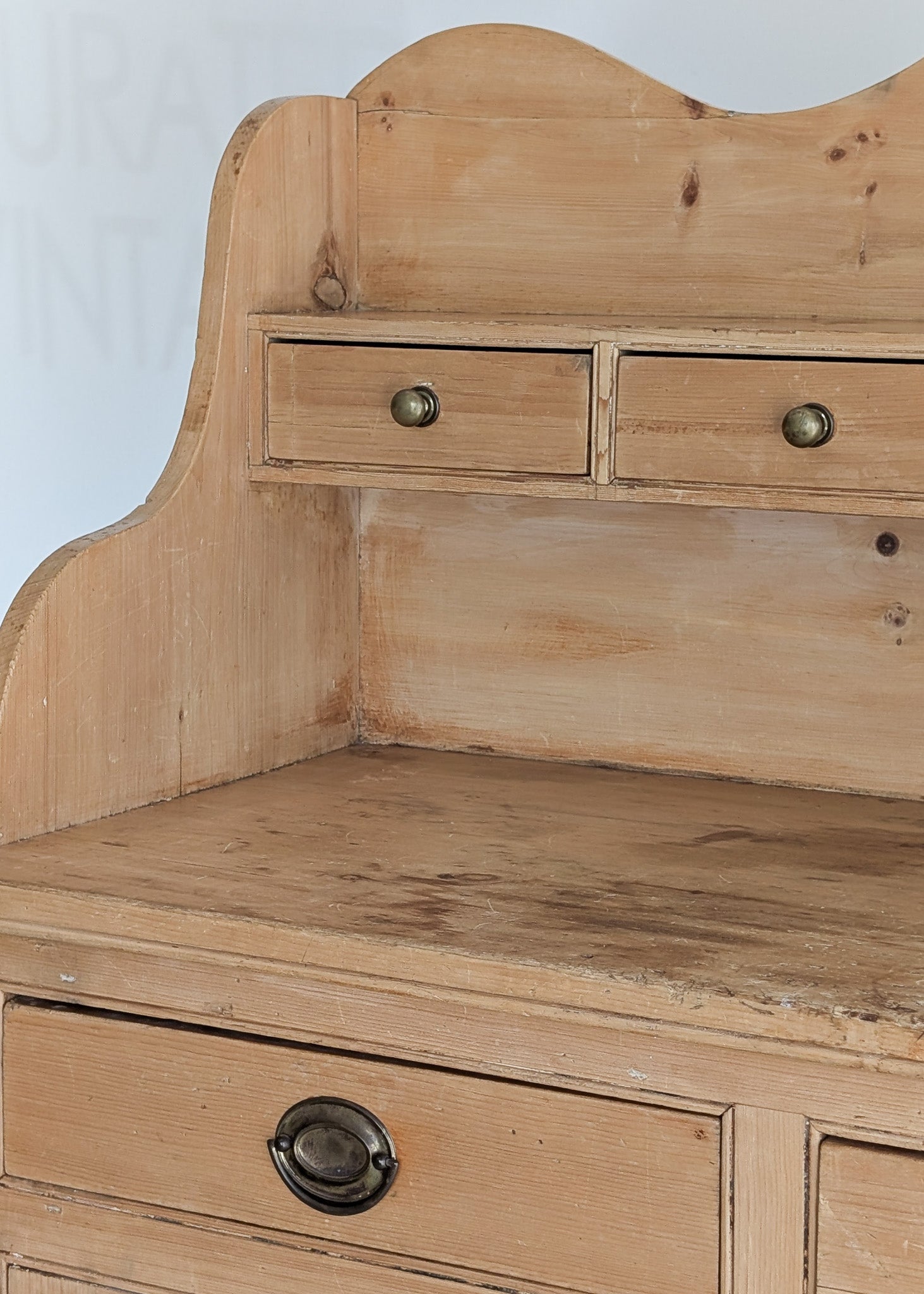 Antique English Pine Scalloped Step Back Buffet with Brass Hardware