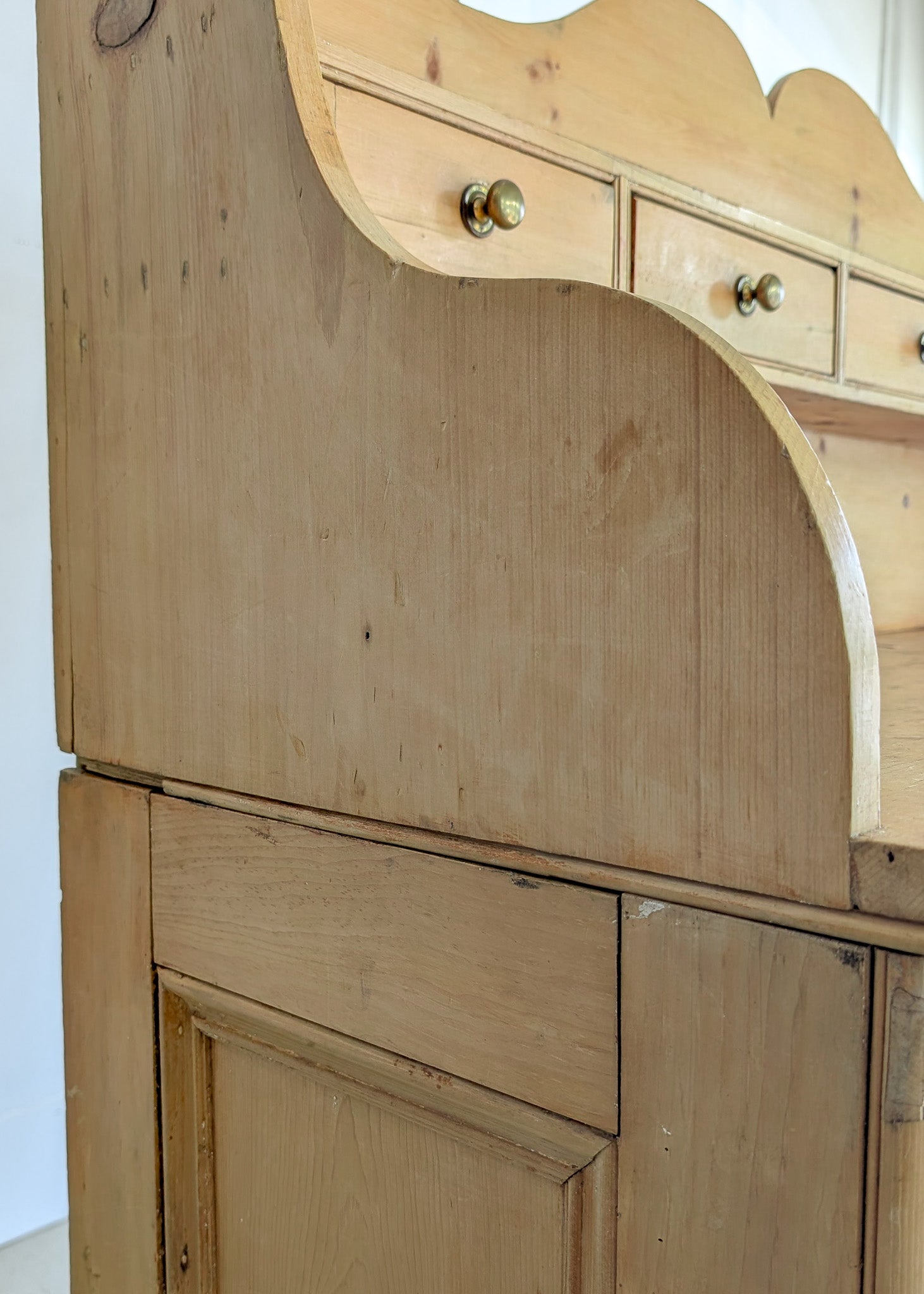 Antique English Pine Scalloped Step Back Buffet with Brass Hardware