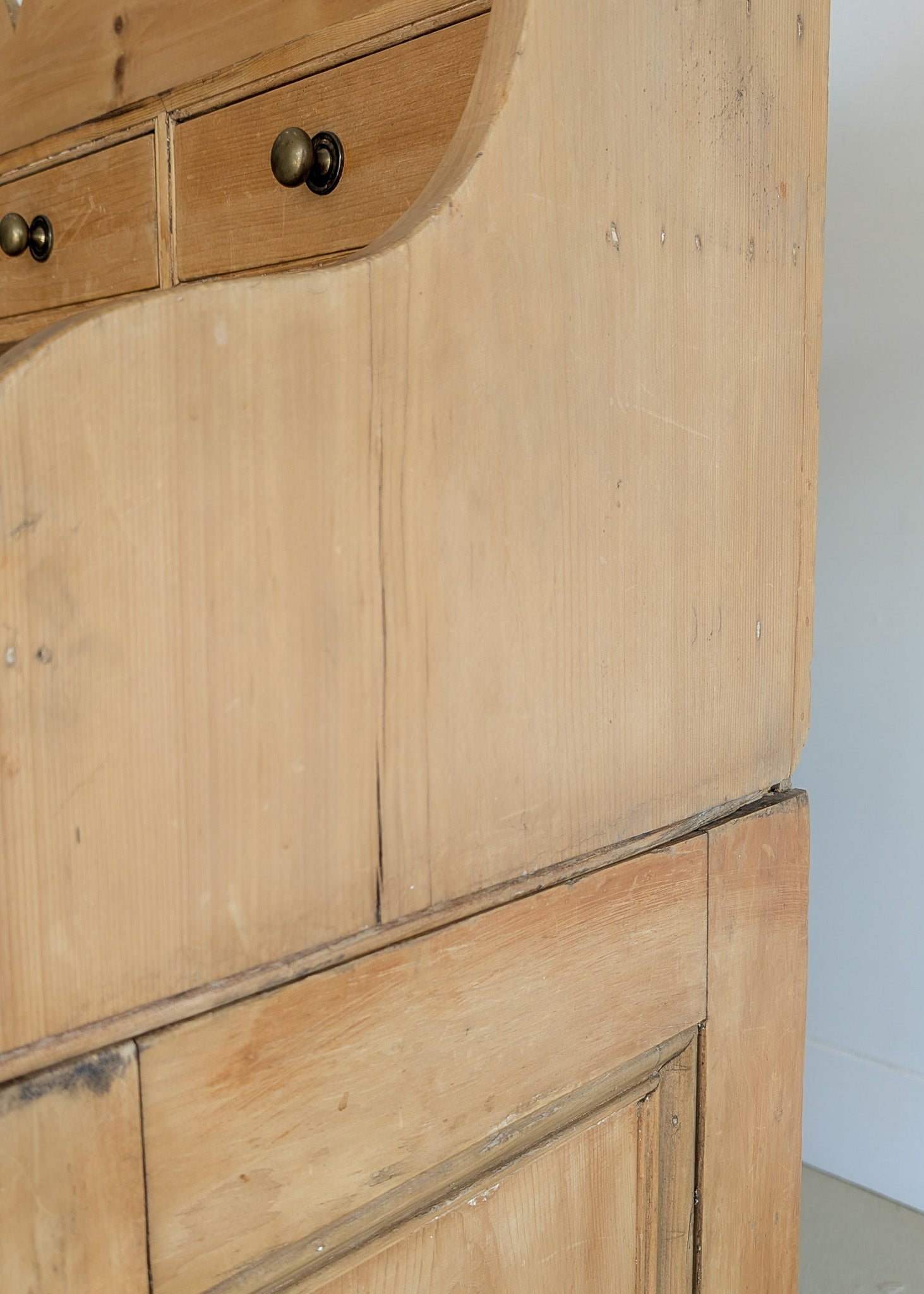 Antique English Pine Scalloped Step Back Buffet with Brass Hardware
