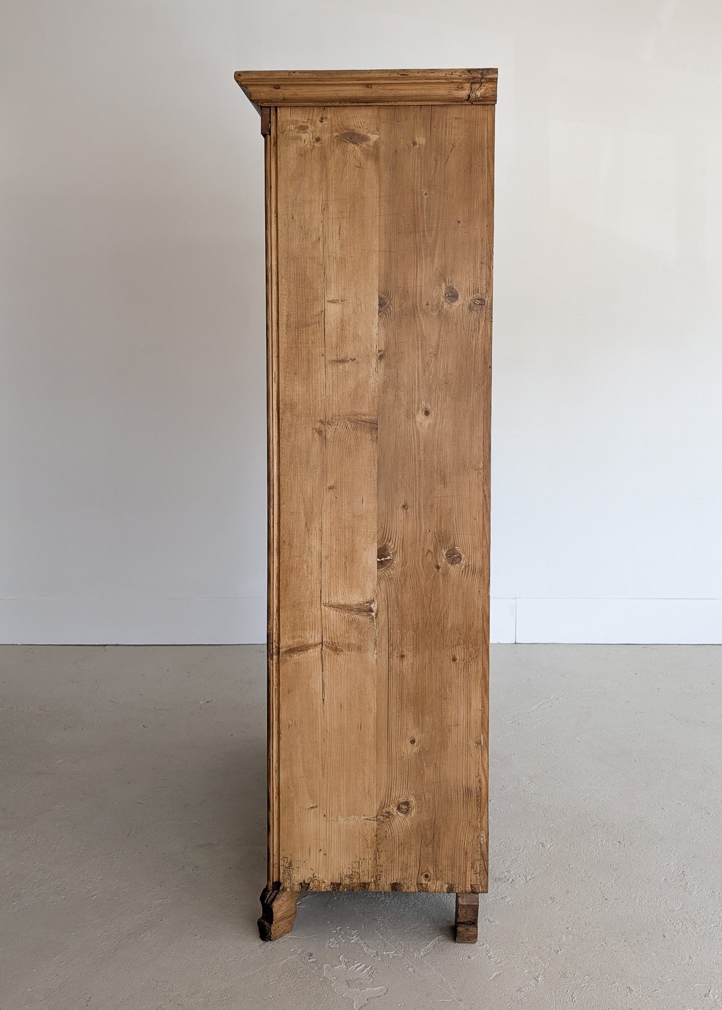 Handsome Antique European Pine Cabinet with Arched Panel Doors, Carved Feet and Skeleton Key