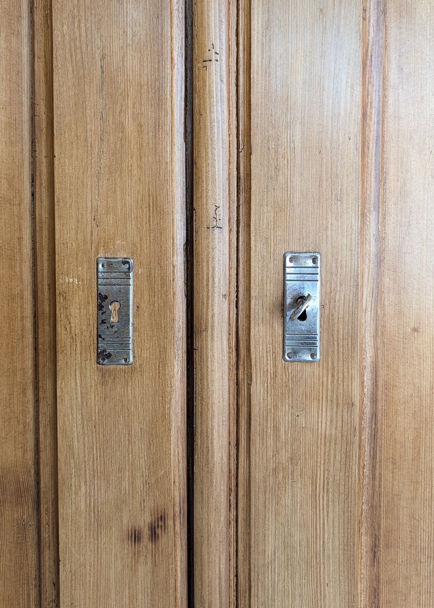 Handsome Antique European Pine Cabinet with Arched Panel Doors, Carved Feet and Skeleton Key