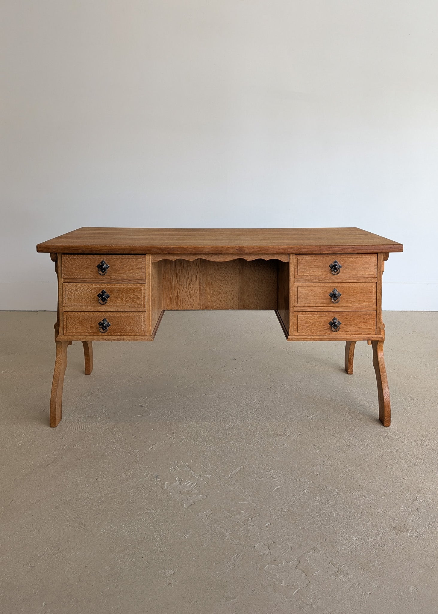 Vintage Danish Brutalist Henning Kjærnulf-Attributed Quartersawn White Oak Desk with Original Skeleton Key, Mortise and Tenon Detail and Lockable Back Cabinet