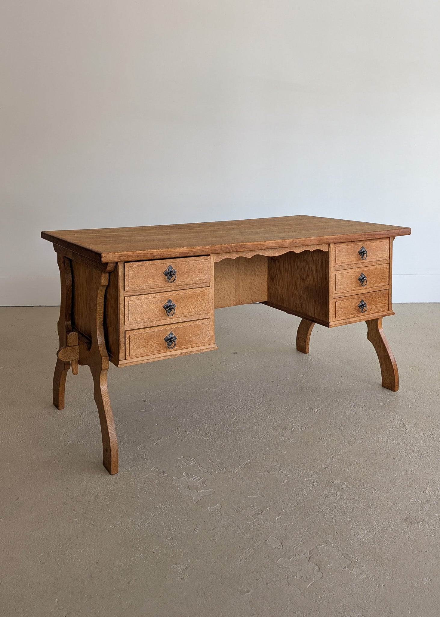 Vintage Danish Brutalist Henning Kjærnulf-Attributed Quartersawn White Oak Desk with Original Skeleton Key, Mortise and Tenon Detail and Lockable Back Cabinet