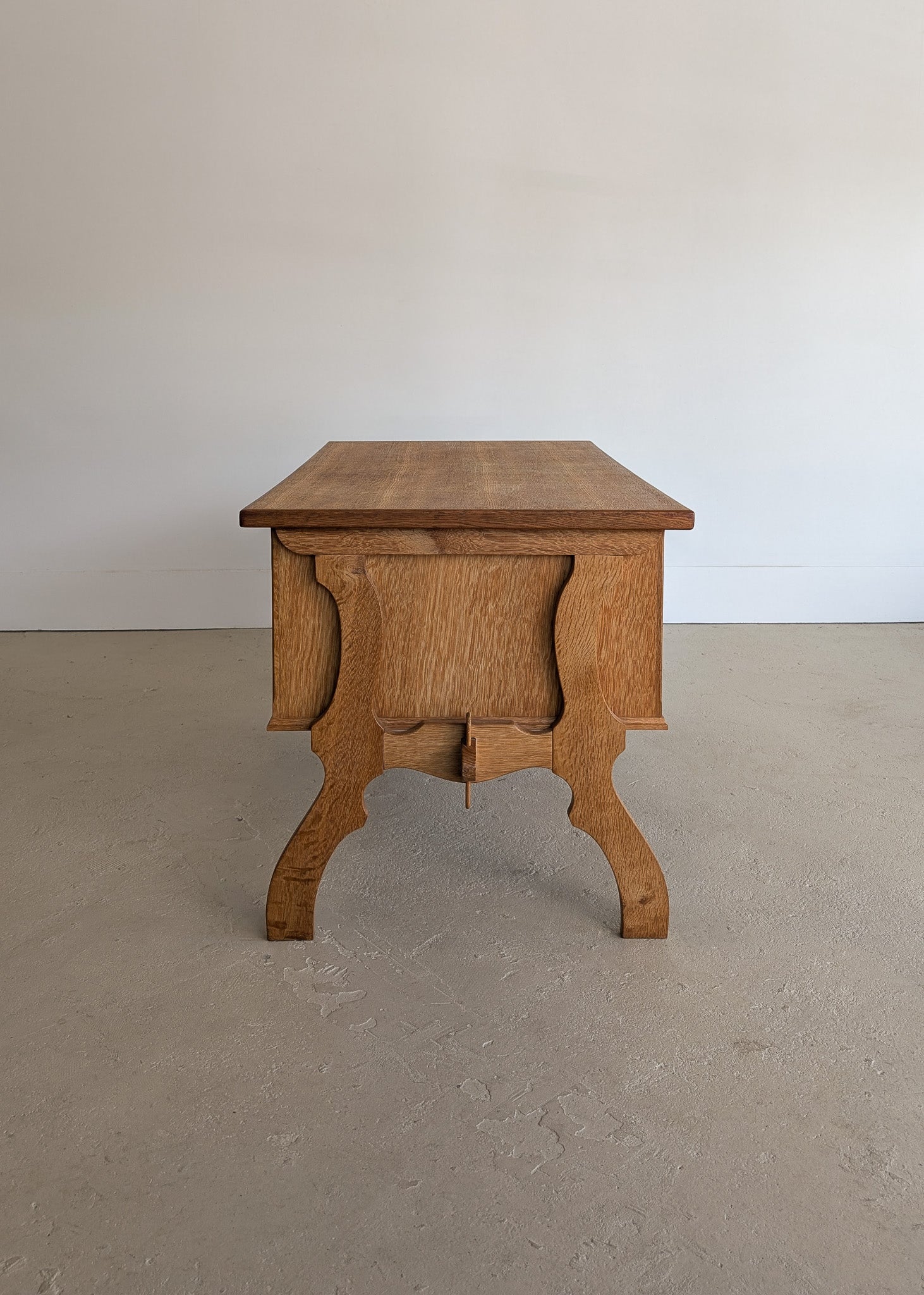 Vintage Danish Brutalist Henning Kjærnulf-Attributed Quartersawn White Oak Desk with Original Skeleton Key, Mortise and Tenon Detail and Lockable Back Cabinet