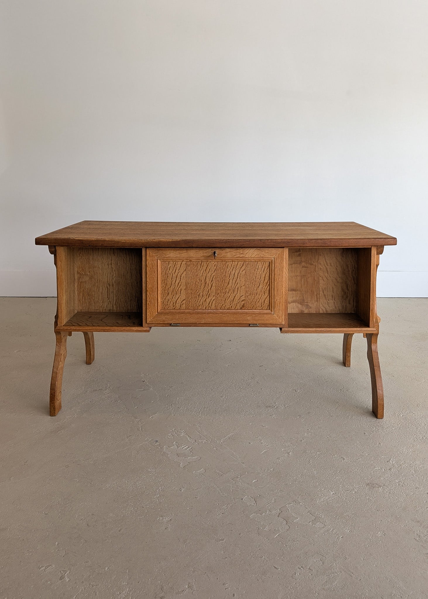 Vintage Danish Brutalist Henning Kjærnulf-Attributed Quartersawn White Oak Desk with Original Skeleton Key, Mortise and Tenon Detail and Lockable Back Cabinet