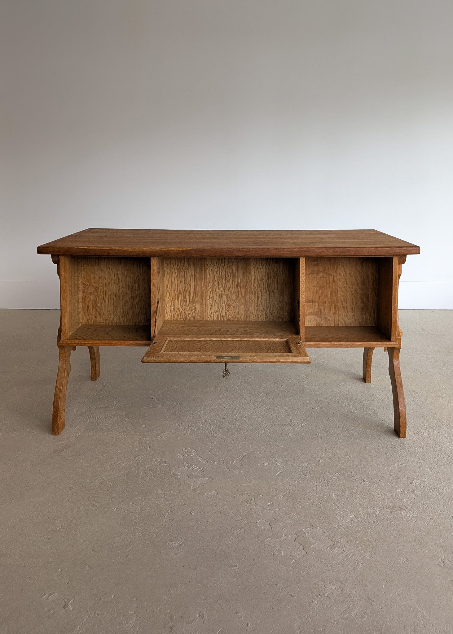 Vintage Danish Brutalist Henning Kjærnulf-Attributed Quartersawn White Oak Desk with Original Skeleton Key, Mortise and Tenon Detail and Lockable Back Cabinet