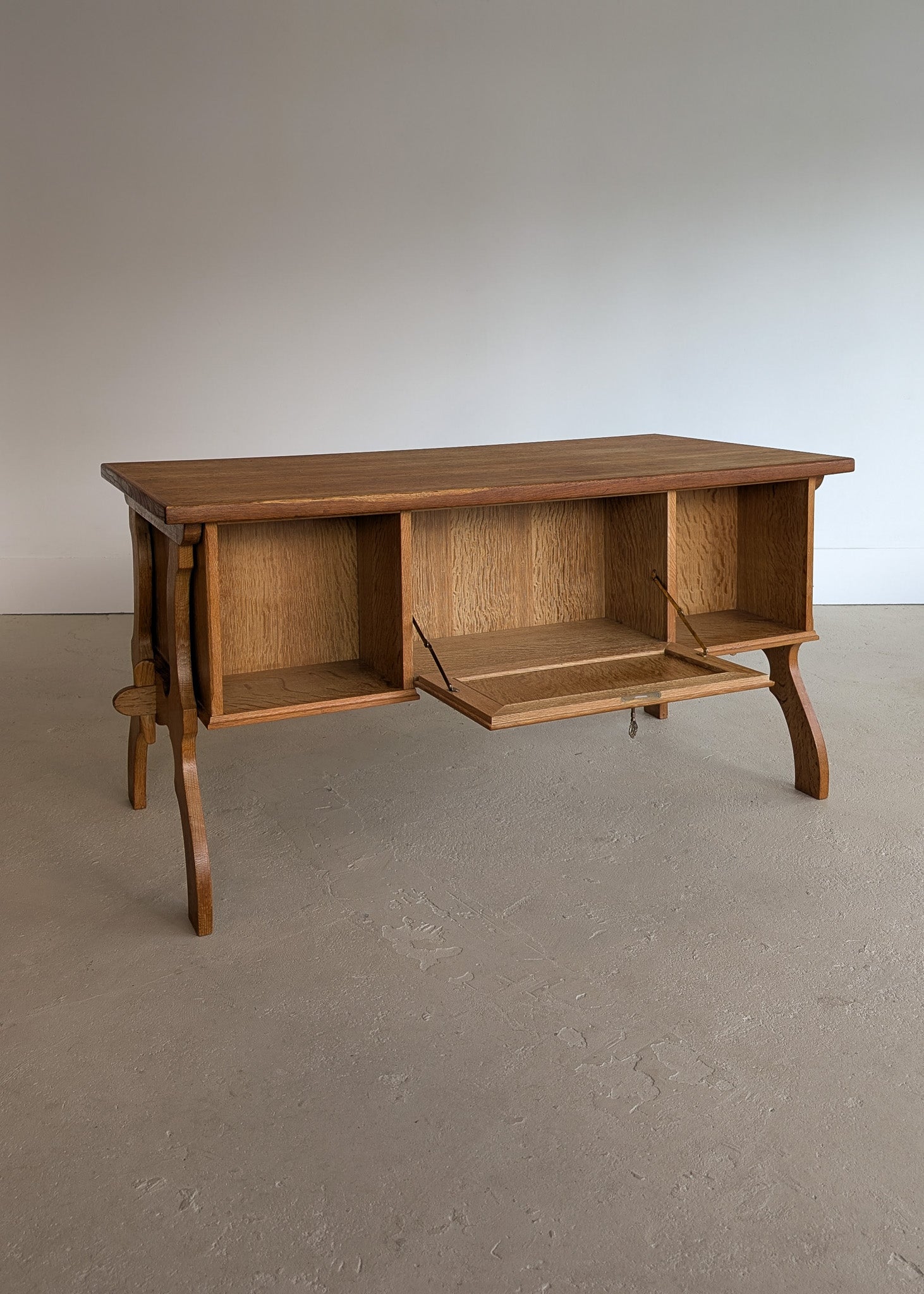 Vintage Danish Brutalist Henning Kjærnulf-Attributed Quartersawn White Oak Desk with Original Skeleton Key, Mortise and Tenon Detail and Lockable Back Cabinet