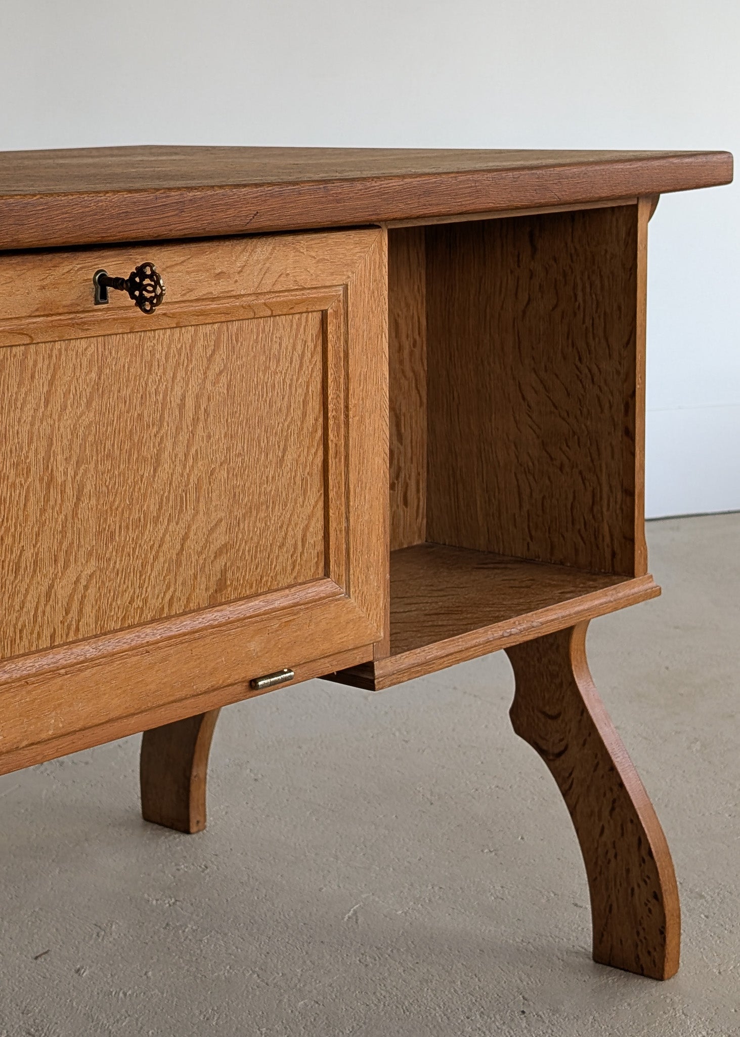 Vintage Danish Brutalist Henning Kjærnulf-Attributed Quartersawn White Oak Desk with Original Skeleton Key, Mortise and Tenon Detail and Lockable Back Cabinet