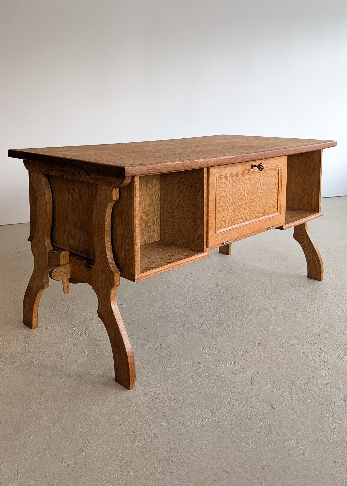 Vintage Danish Brutalist Henning Kjærnulf-Attributed Quartersawn White Oak Desk with Original Skeleton Key, Mortise and Tenon Detail and Lockable Back Cabinet