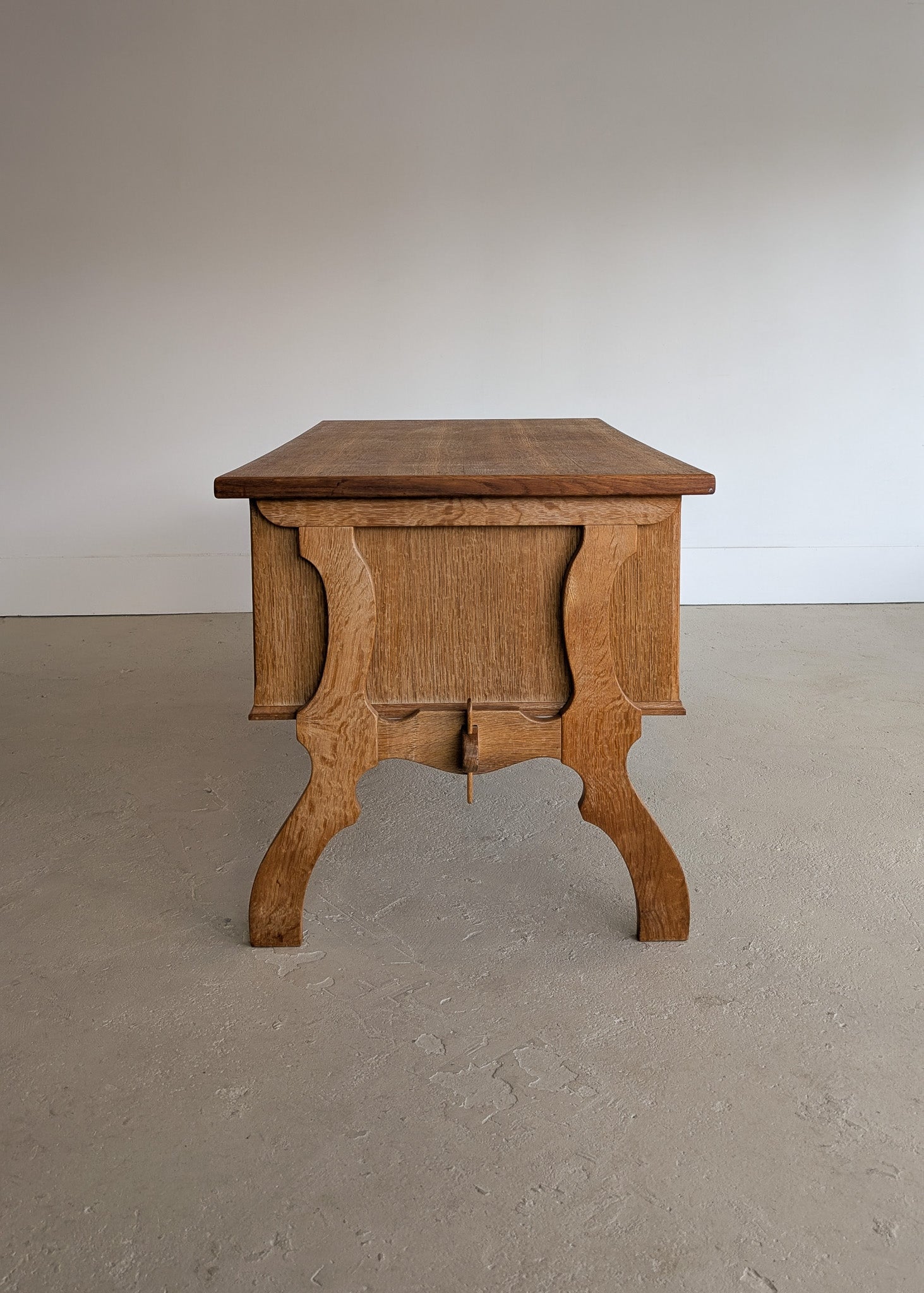 Vintage Danish Brutalist Henning Kjærnulf-Attributed Quartersawn White Oak Desk with Original Skeleton Key, Mortise and Tenon Detail and Lockable Back Cabinet