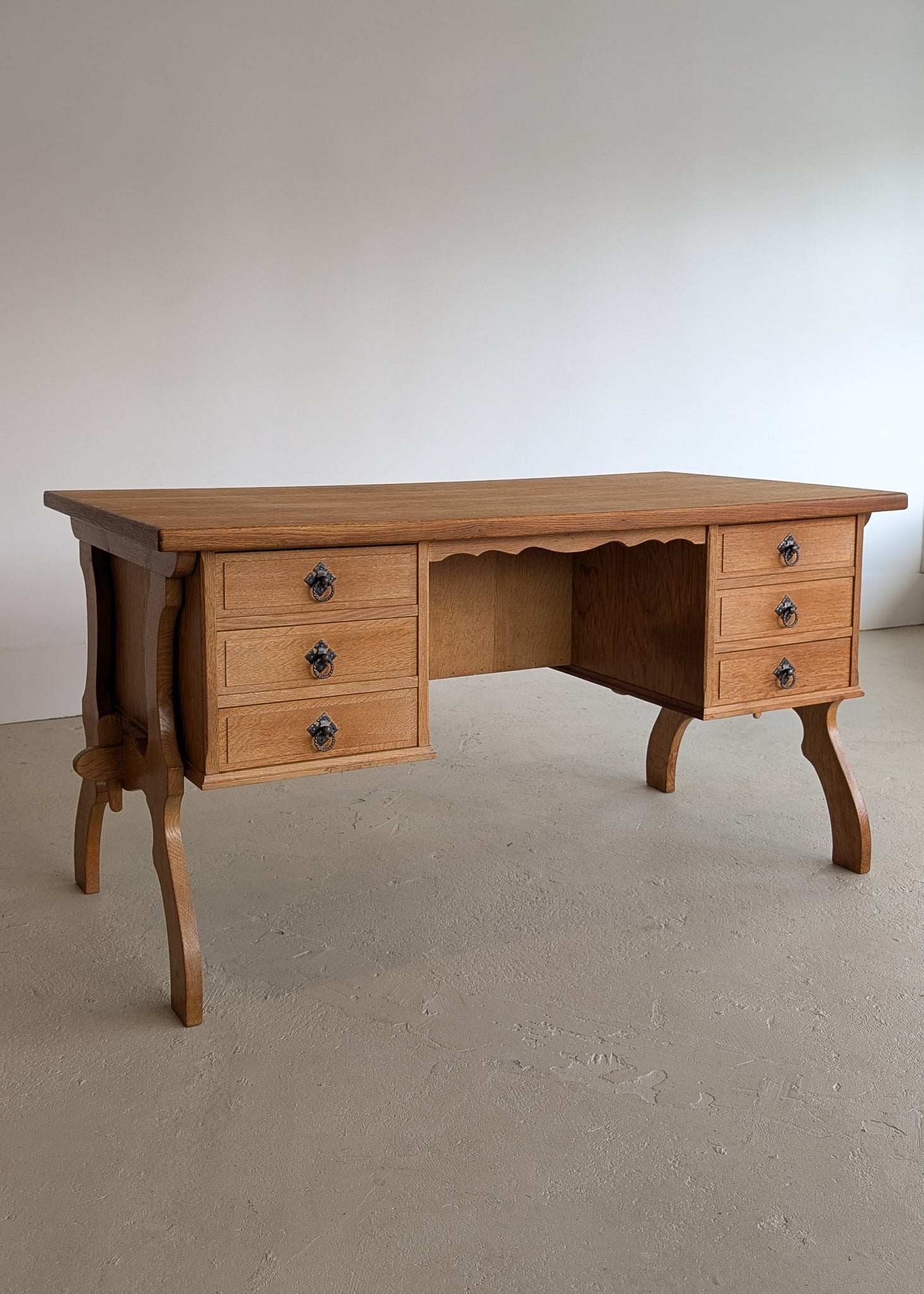 Vintage Danish Brutalist Henning Kjærnulf-Attributed Quartersawn White Oak Desk with Original Skeleton Key, Mortise and Tenon Detail and Lockable Back Cabinet