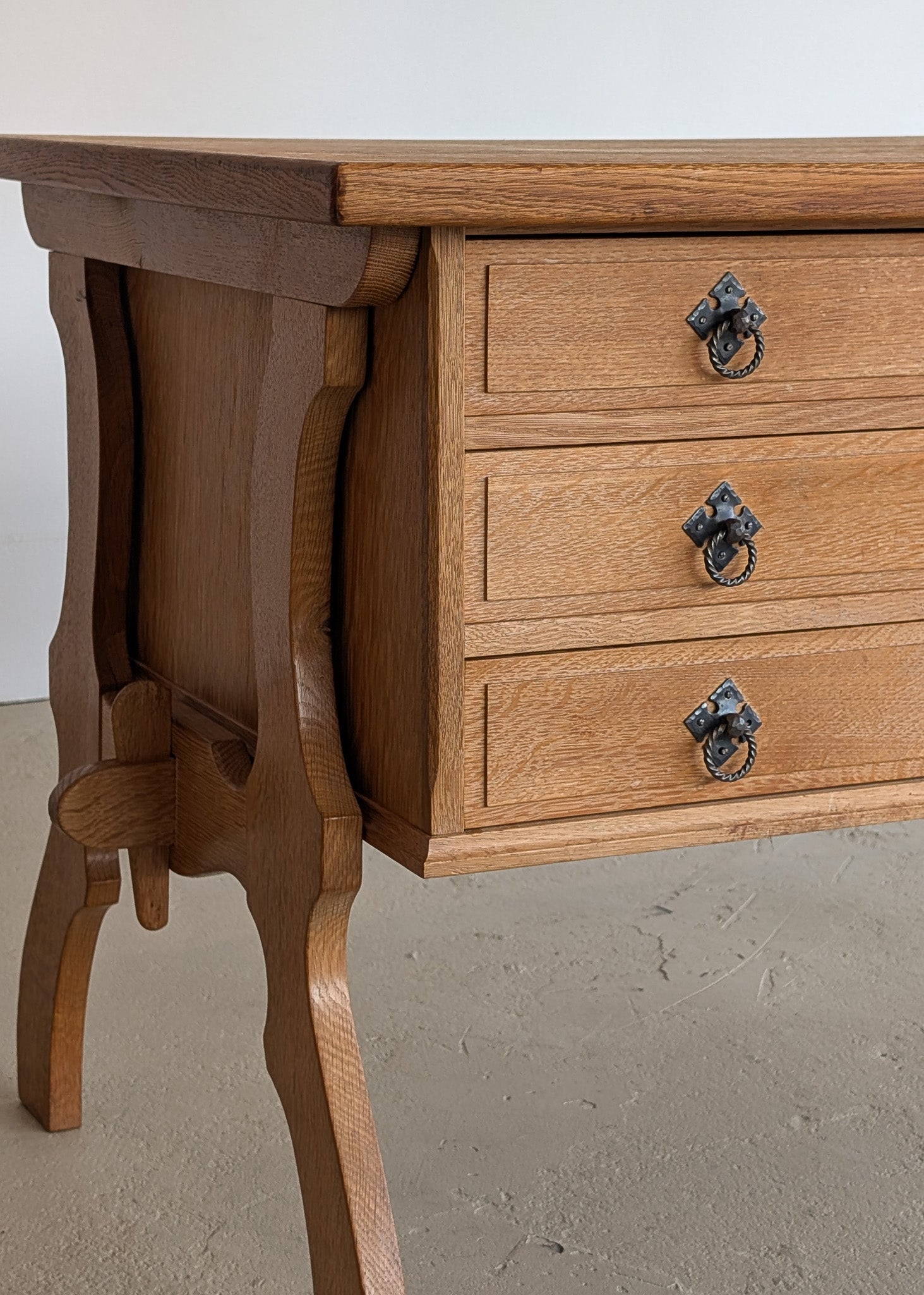 Vintage Danish Brutalist Henning Kjærnulf-Attributed Quartersawn White Oak Desk with Original Skeleton Key, Mortise and Tenon Detail and Lockable Back Cabinet