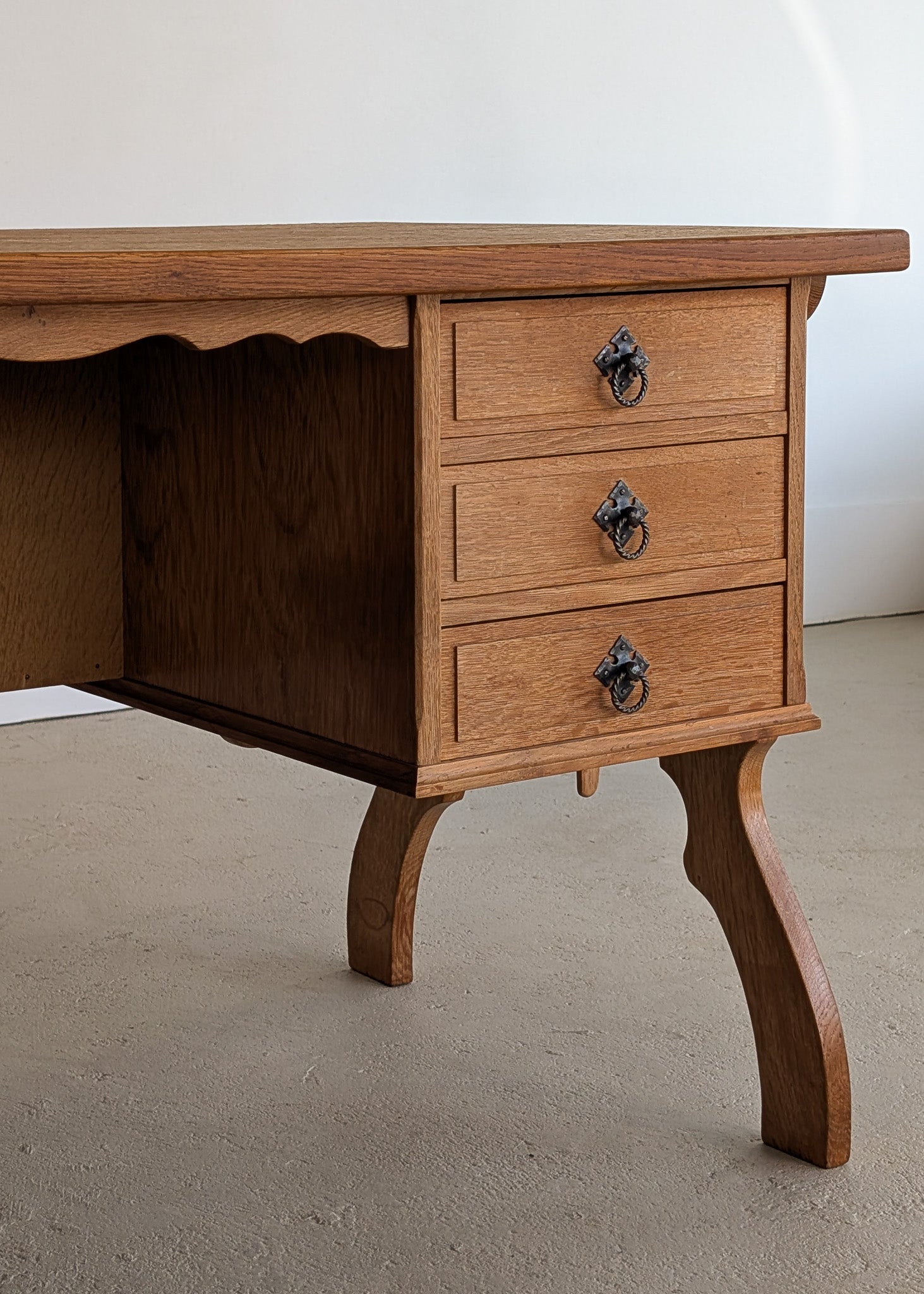Vintage Danish Brutalist Henning Kjærnulf-Attributed Quartersawn White Oak Desk with Original Skeleton Key, Mortise and Tenon Detail and Lockable Back Cabinet