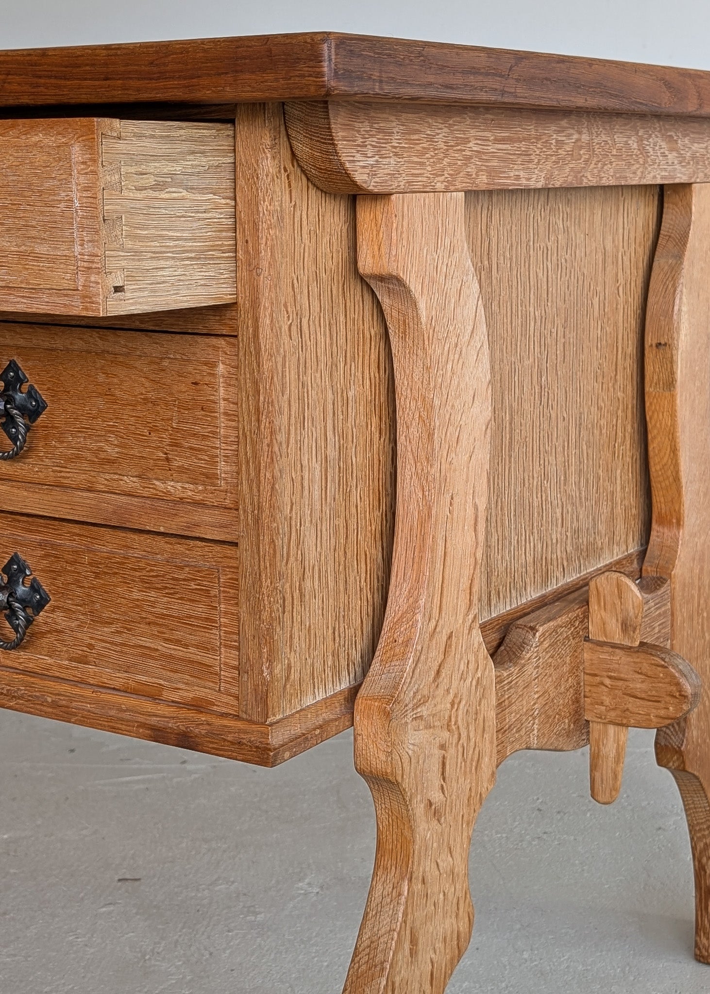 Vintage Danish Brutalist Henning Kjærnulf-Attributed Quartersawn White Oak Desk with Original Skeleton Key, Mortise and Tenon Detail and Lockable Back Cabinet