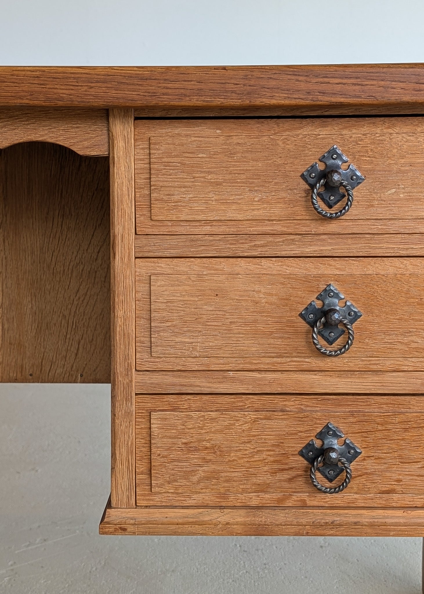 Vintage Danish Brutalist Henning Kjærnulf-Attributed Quartersawn White Oak Desk with Original Skeleton Key, Mortise and Tenon Detail and Lockable Back Cabinet