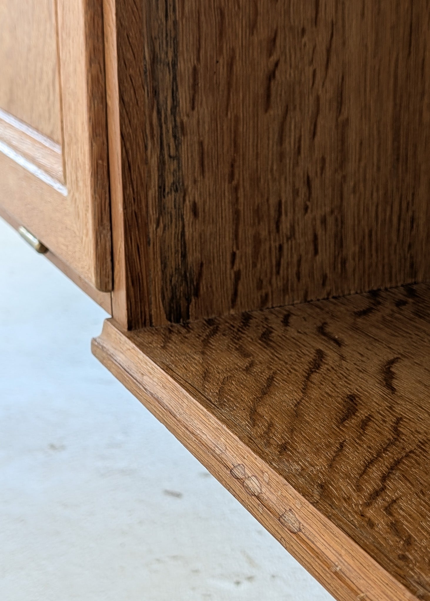 Vintage Danish Brutalist Henning Kjærnulf-Attributed Quartersawn White Oak Desk with Original Skeleton Key, Mortise and Tenon Detail and Lockable Back Cabinet