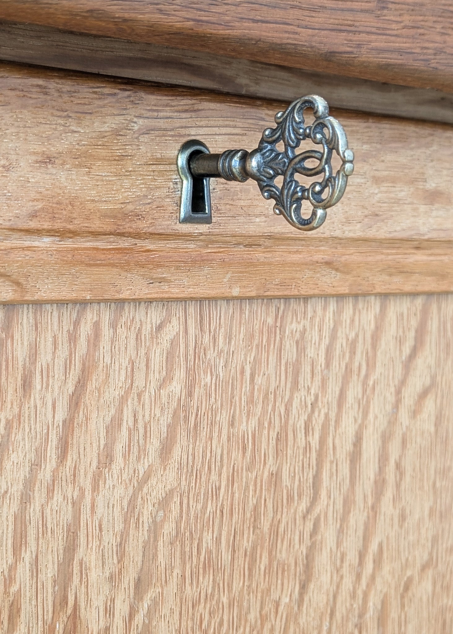 Vintage Danish Brutalist Henning Kjærnulf-Attributed Quartersawn White Oak Desk with Original Skeleton Key, Mortise and Tenon Detail and Lockable Back Cabinet