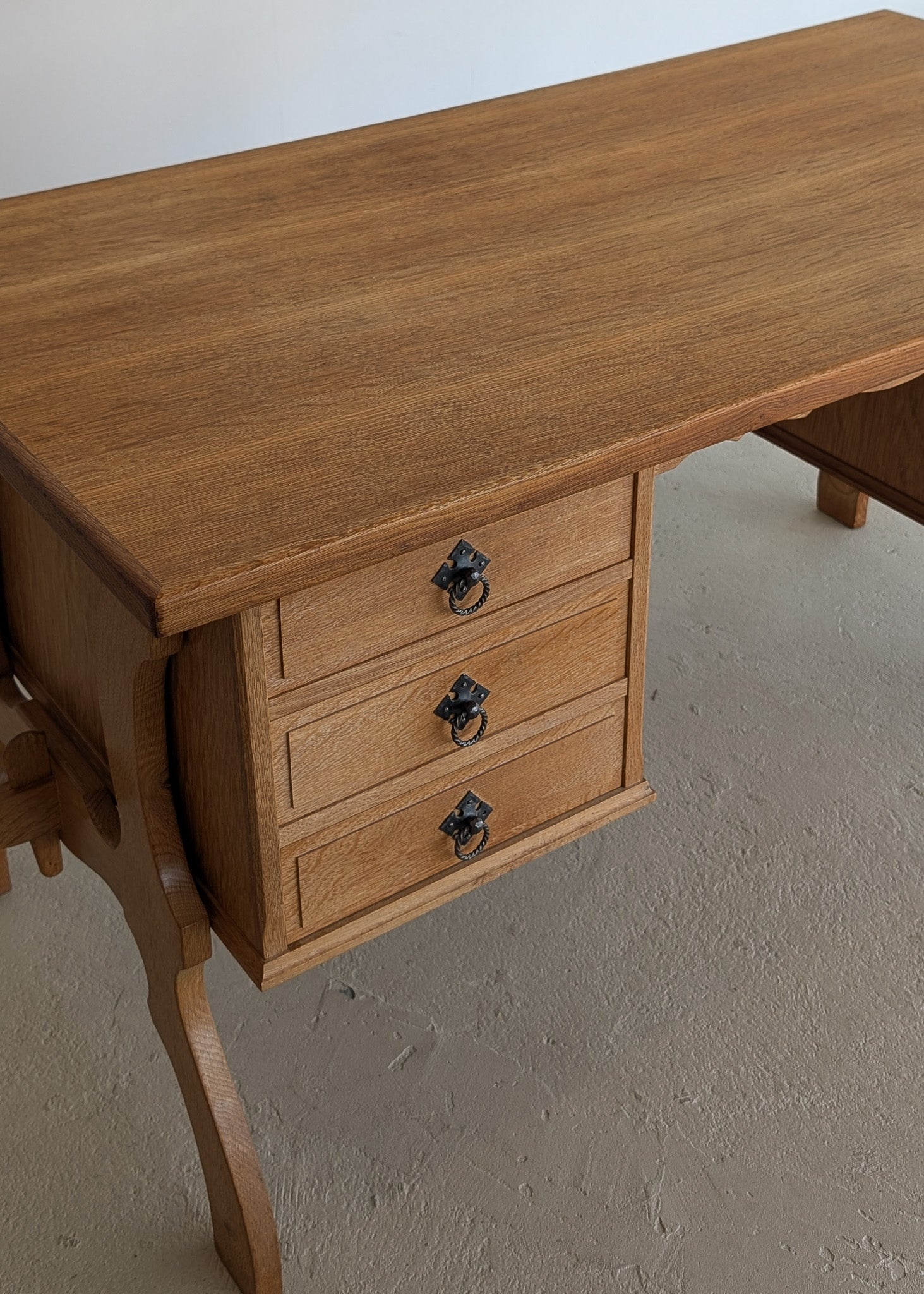 Vintage Danish Brutalist Henning Kjærnulf-Attributed Quartersawn White Oak Desk with Original Skeleton Key, Mortise and Tenon Detail and Lockable Back Cabinet