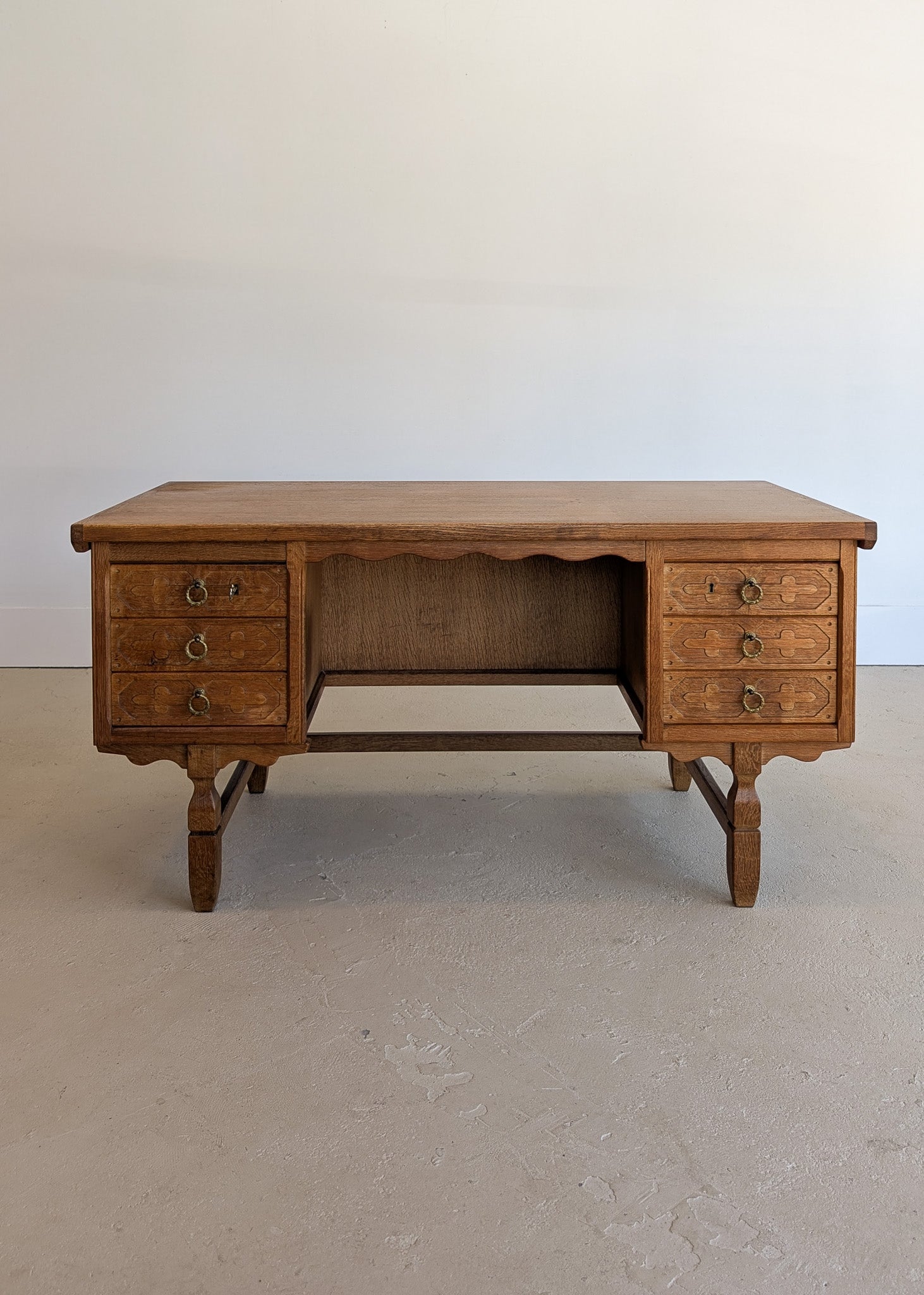 Vintage Danish Henning Kjærnulf Quartersawn White Oak Desk with Original Skeleton Key and Lockable Back Cabinet