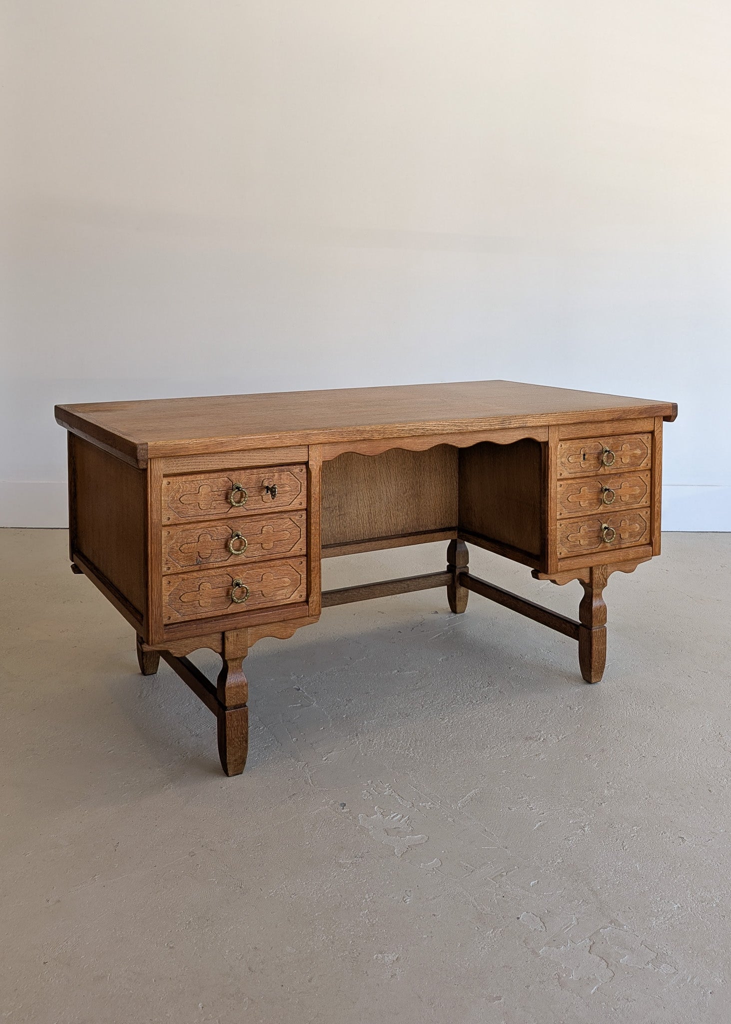 Vintage Danish Henning Kjærnulf Quartersawn White Oak Desk with Original Skeleton Key and Lockable Back Cabinet