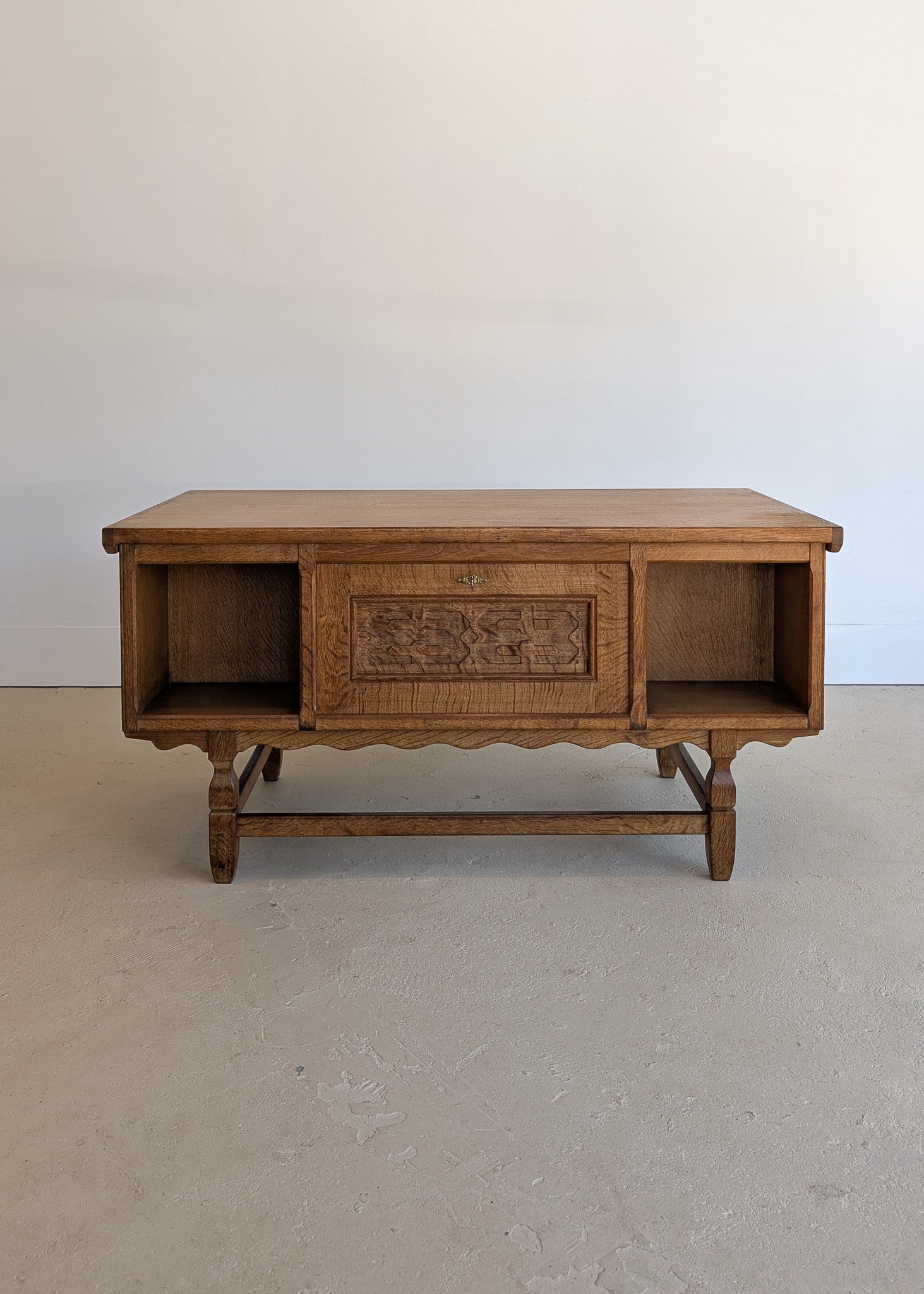 Vintage Danish Henning Kjærnulf Quartersawn White Oak Desk with Original Skeleton Key and Lockable Back Cabinet