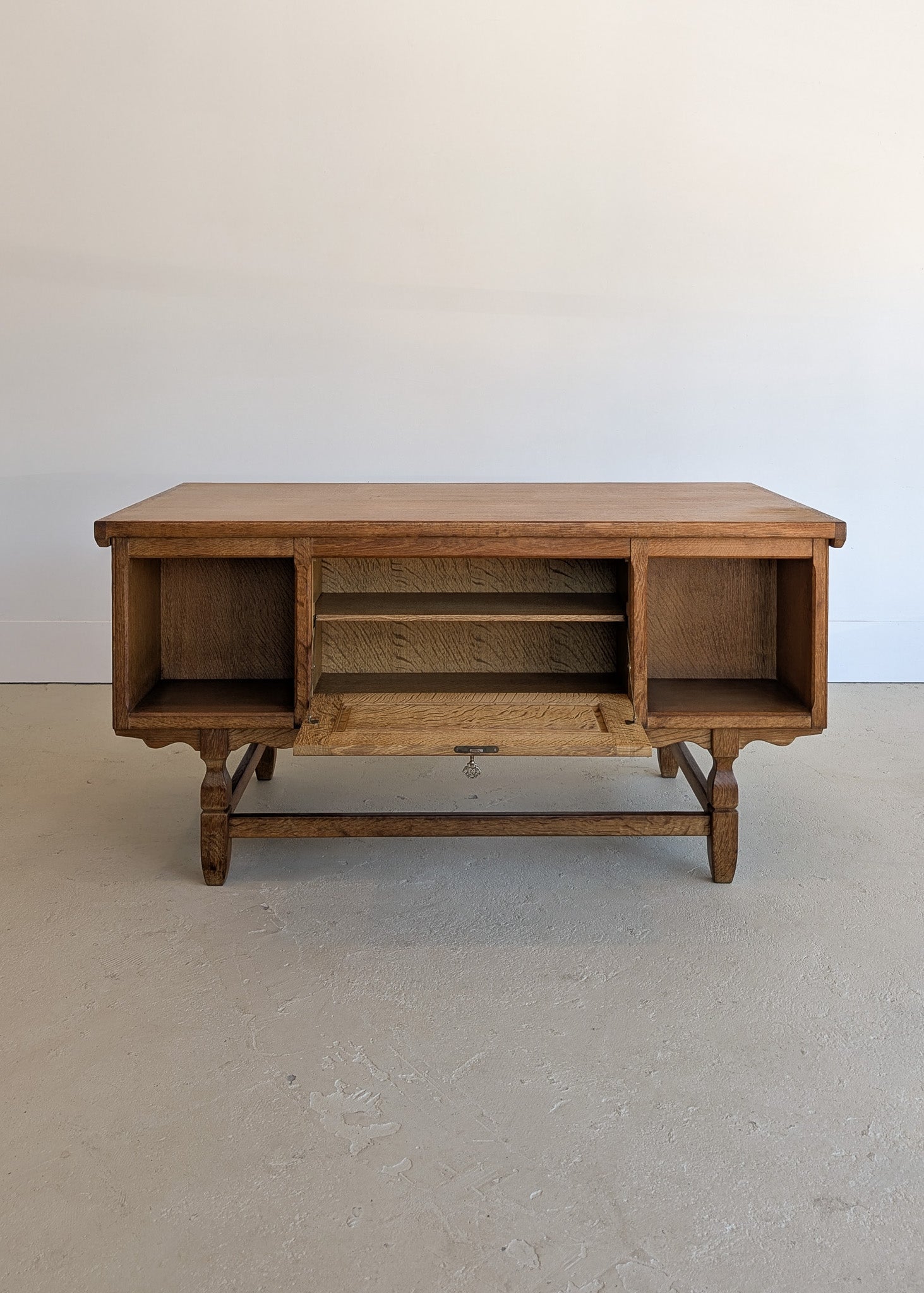 Vintage Danish Henning Kjærnulf Quartersawn White Oak Desk with Original Skeleton Key and Lockable Back Cabinet