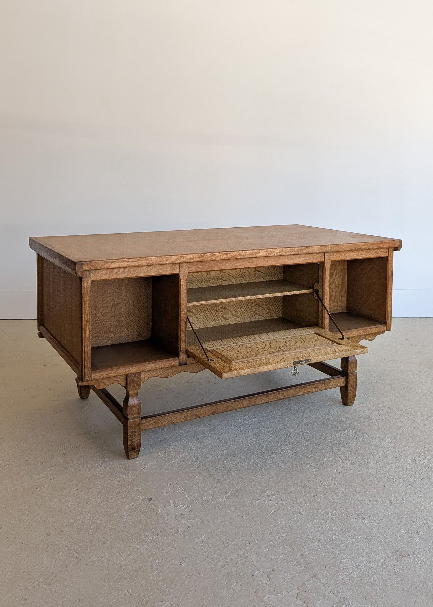 Vintage Danish Henning Kjærnulf Quartersawn White Oak Desk with Original Skeleton Key and Lockable Back Cabinet