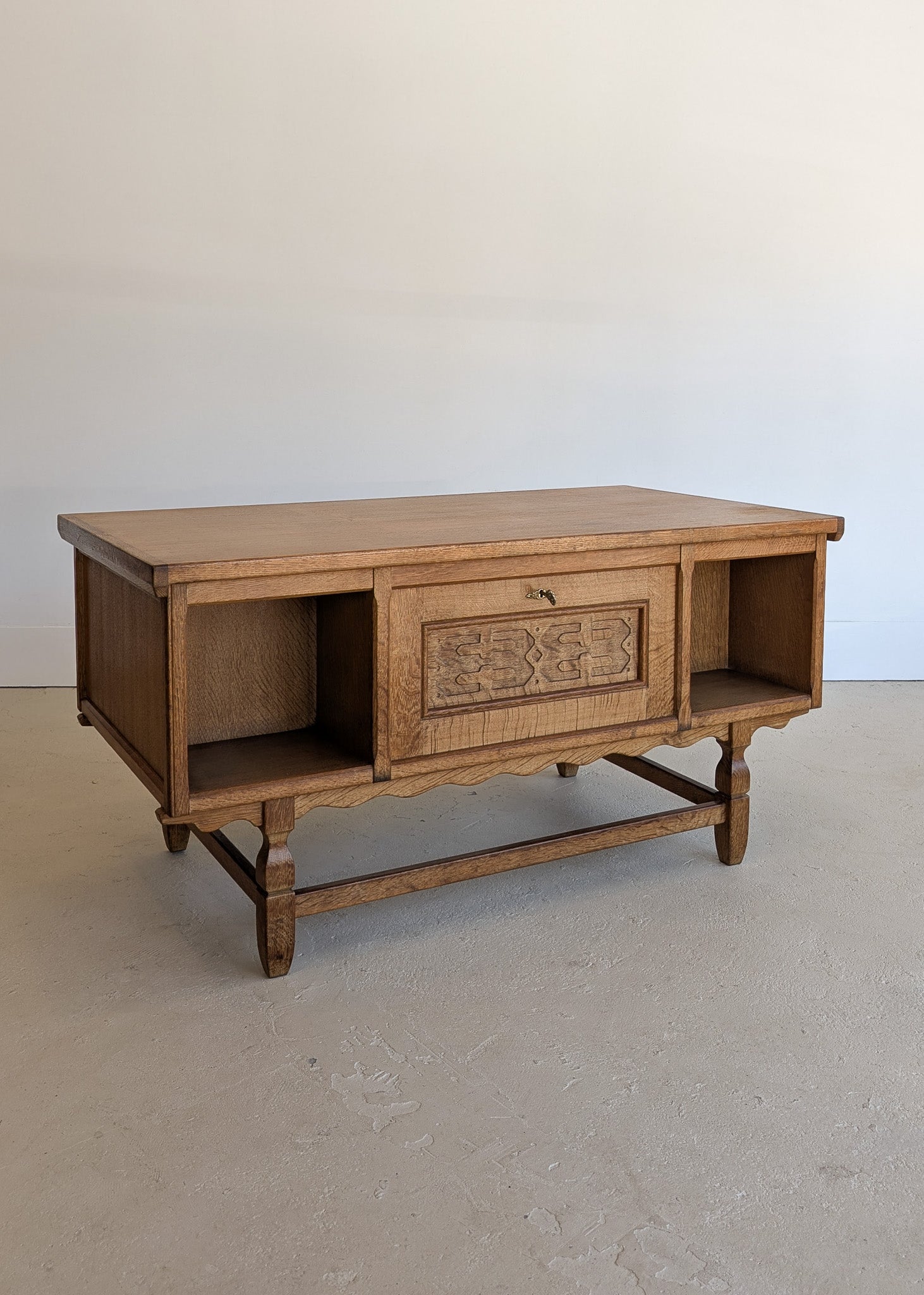 Vintage Danish Henning Kjærnulf Quartersawn White Oak Desk with Original Skeleton Key and Lockable Back Cabinet
