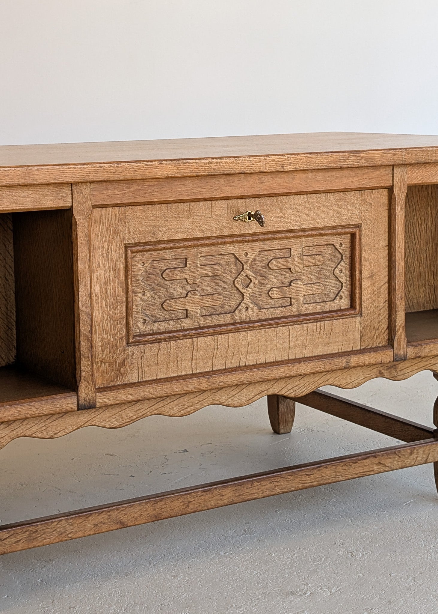 Vintage Danish Henning Kjærnulf Quartersawn White Oak Desk with Original Skeleton Key and Lockable Back Cabinet